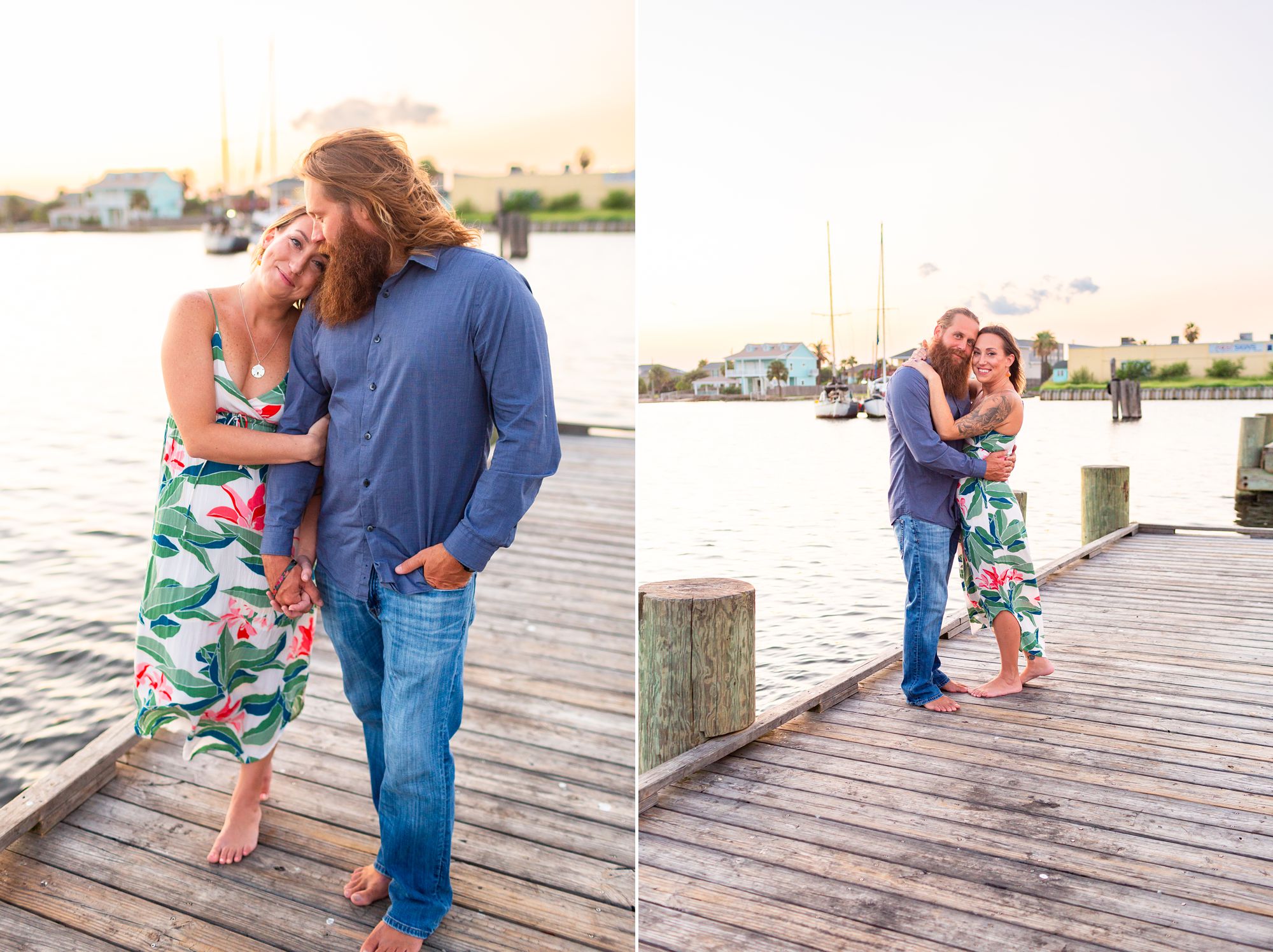 Couple embracing on a boat dock at Lee and Joe Jamail Bay Park couple session in Galveston.