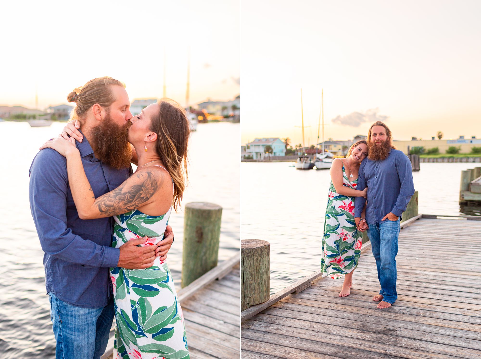 Couple on a boat dock at Lee and Joe Jamail Bay Park couple session in Galveston.
