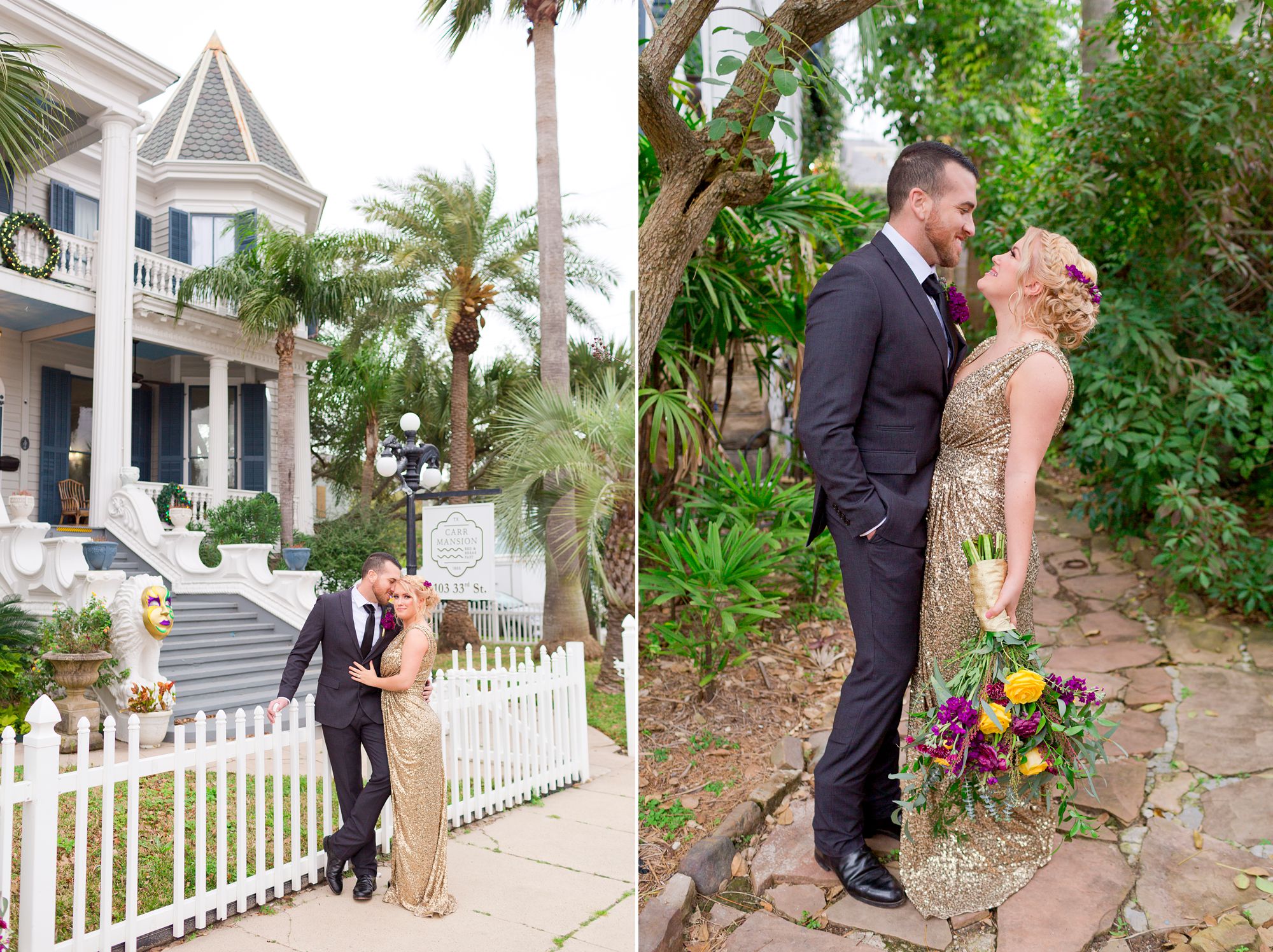 Bride and groom in front of Carr Mansion; Bride and groom in Carr Mansion garden.