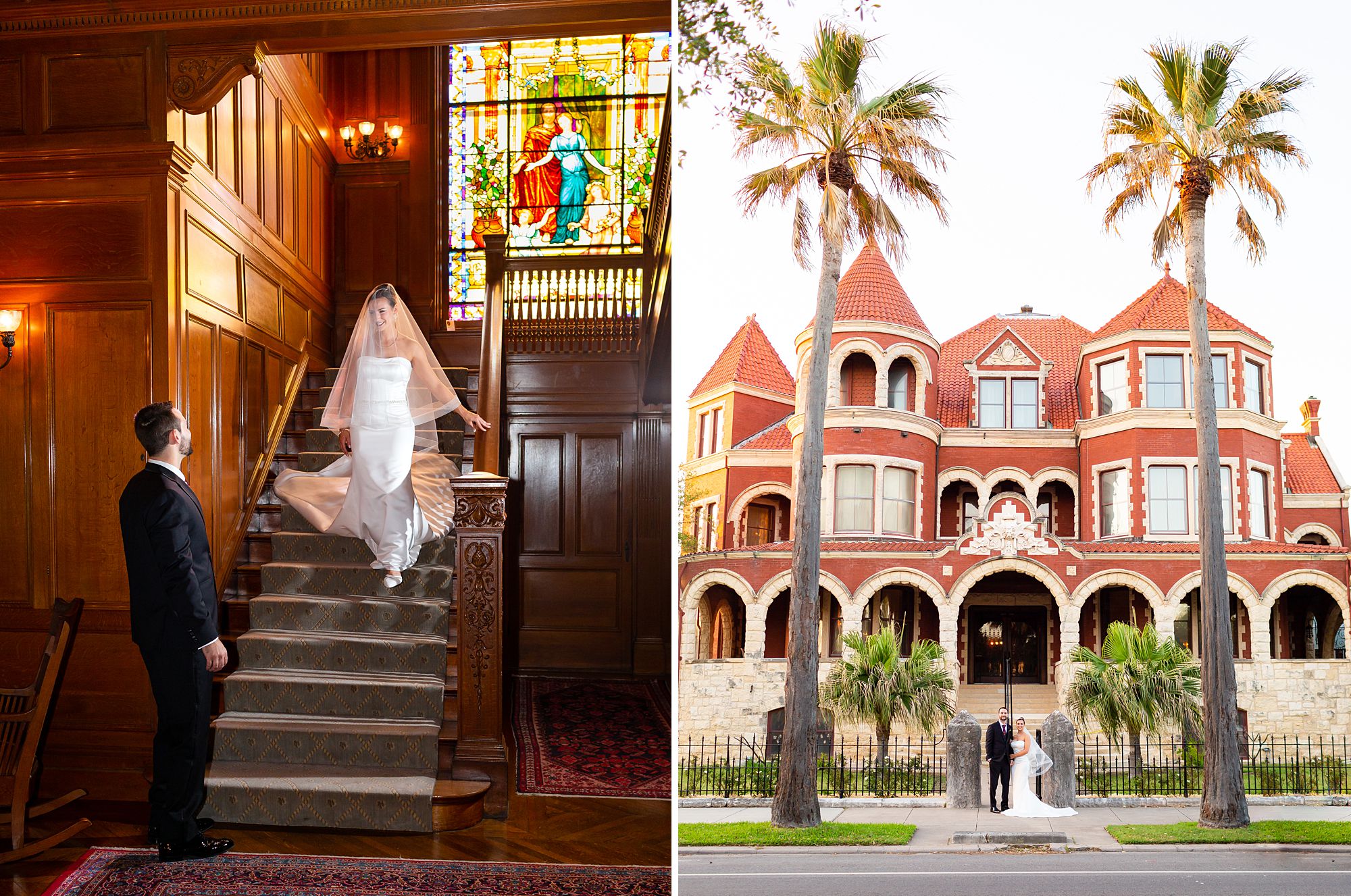 A bride walks down the a wood staircase with a stained glass window toward her groom during their first look. A bride and groom stand on the sidewalk between two palm trees with Moody Mansion behind them.
