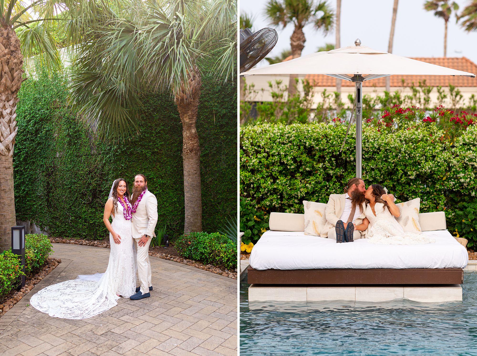 A bride and groom stand together under palm trees with a vine covered wall behind them; a bride and groom sit on a pool bed at the villas at the San Luis Resort in Galveston, Texas.