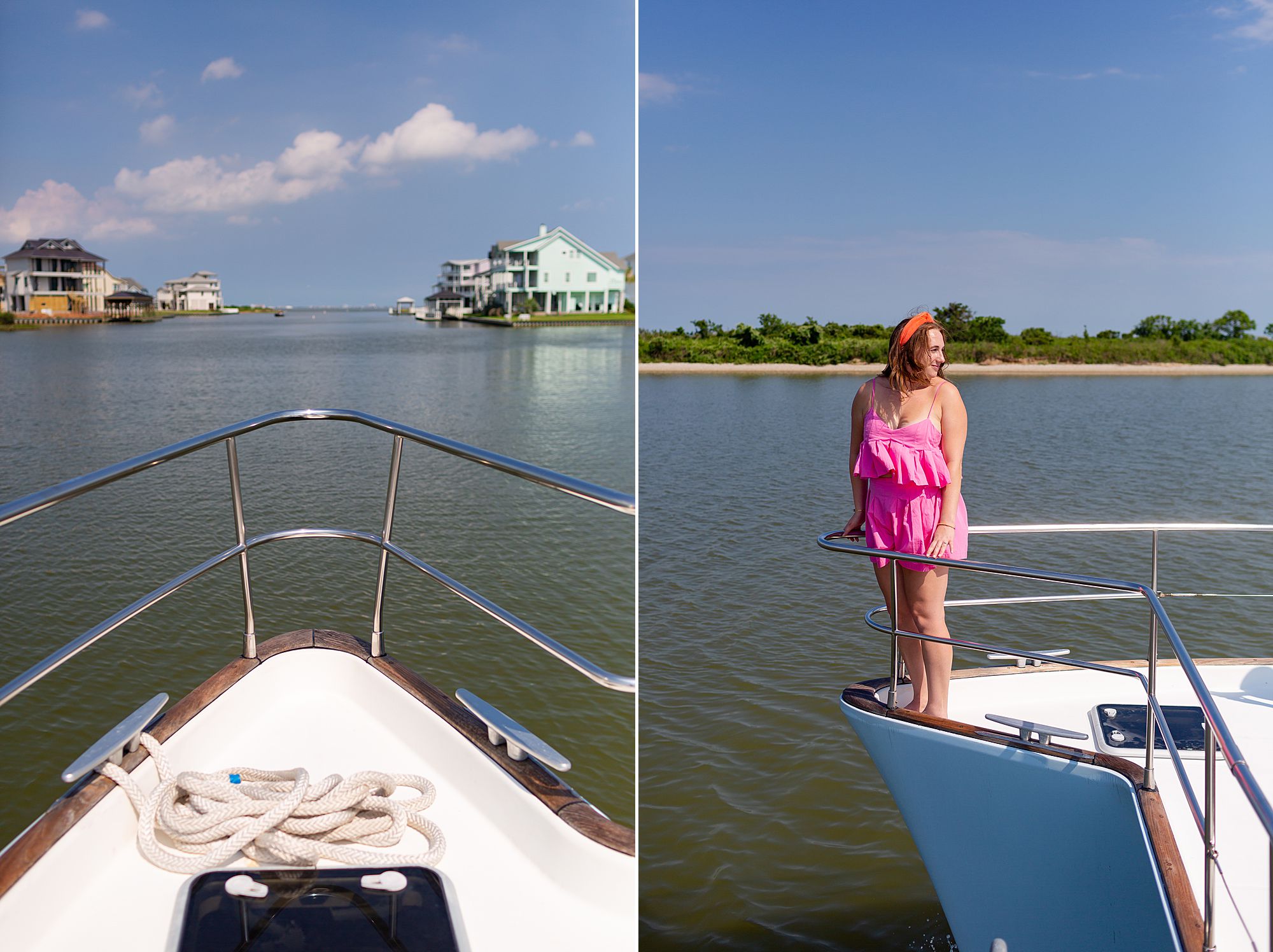 Brooke from Aesthetically Galveston stands at the bow of Galveston Yacht.