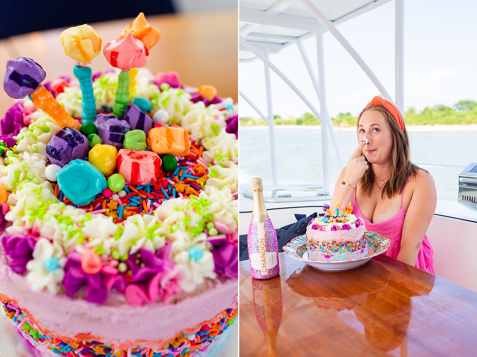 Lisa Frank inspired birthday cake topped with saltwater taffy. Galveston yacht birthday party.