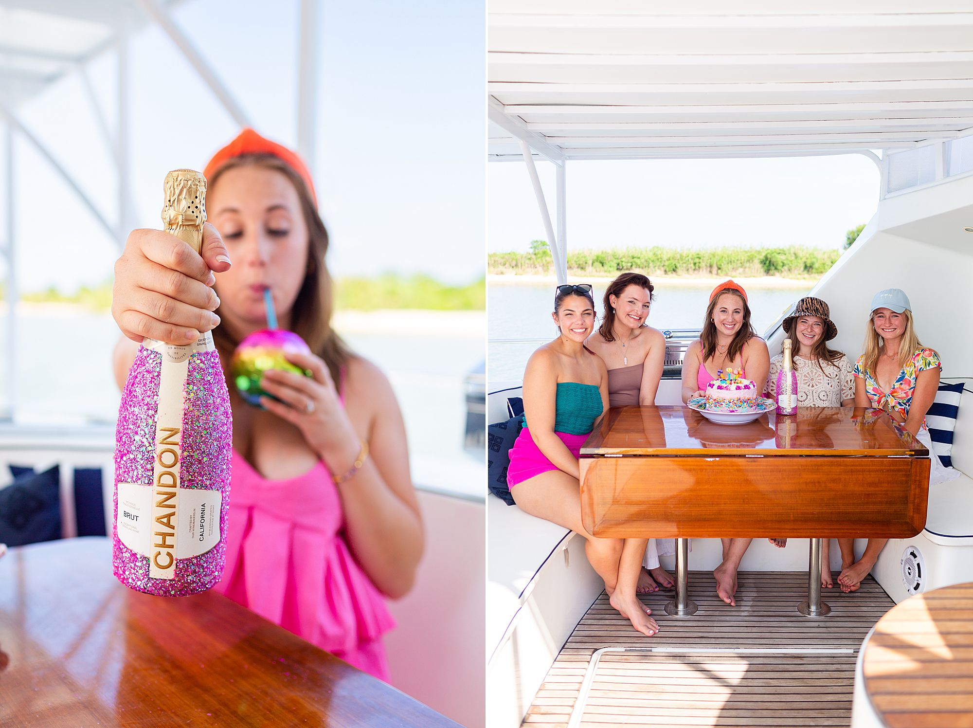 Chandon Brut champagne bottle covered in pink glitter; a group of girlfriends enjoy birthday cake on a Galveston yacht charter