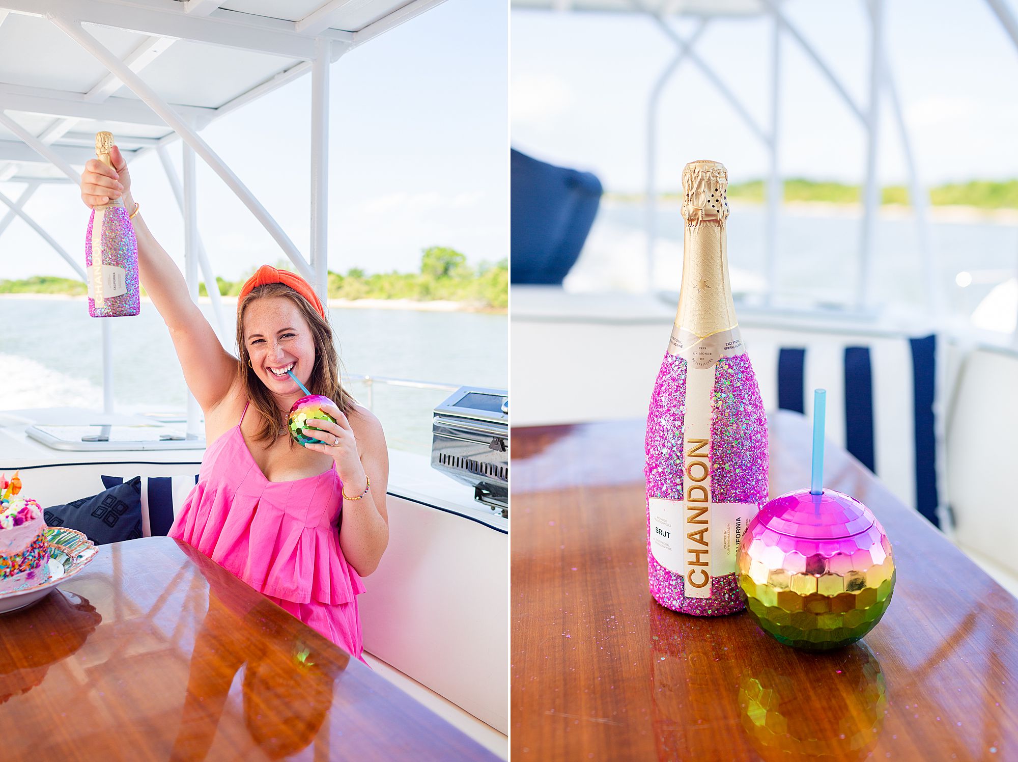 Brooke from Aesthetically Galveston cheers her birthday; DIY pink glitter champagne bottle and colorful disco ball sipper