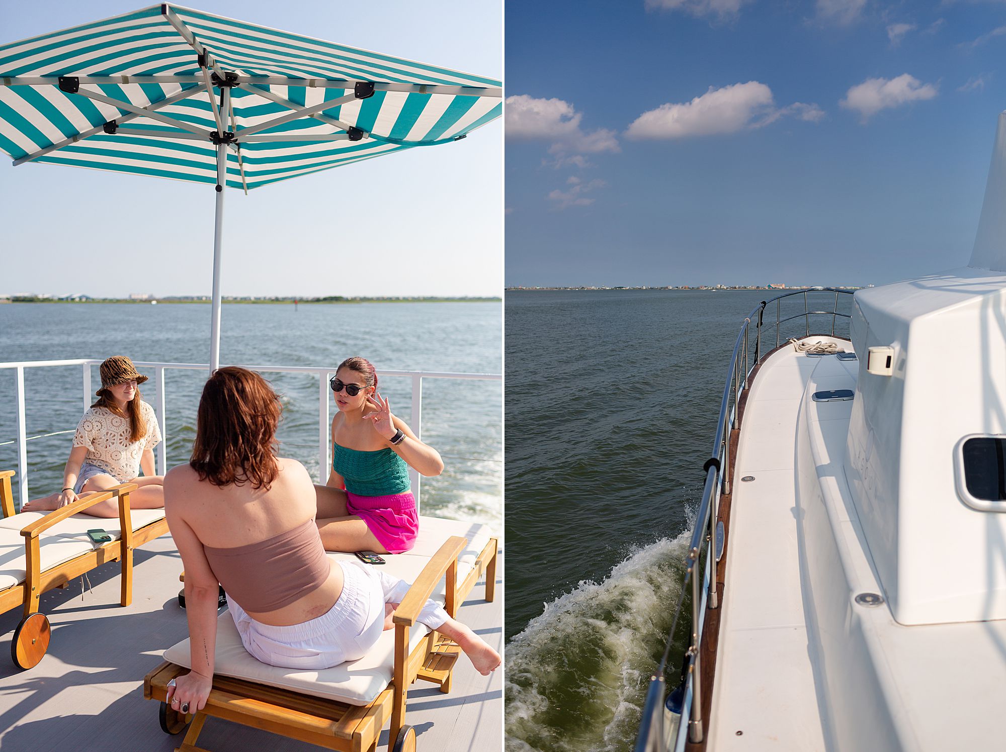A group of women sit under a sun umbrella on the upper deck of a catamaran; Great Escapes Yacht navigates through Galveston's West Bay.