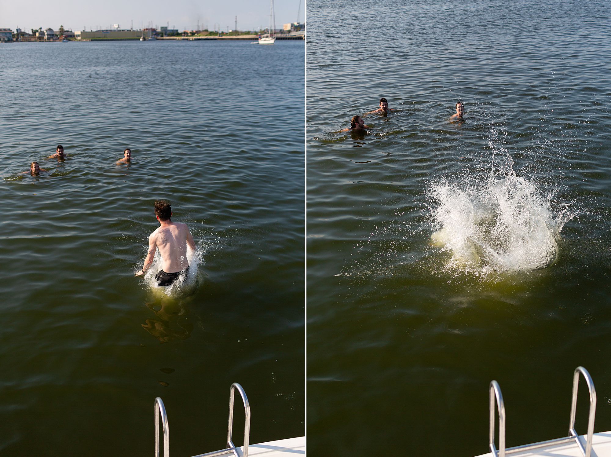 A man jumps off the back of a catamaran into Offatts Bayou in Galveston.