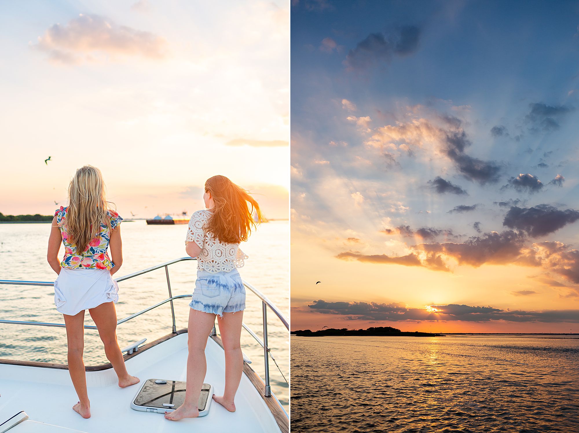 Two women enjoy sunset over West Bay at a Galveston yacht birthday party.