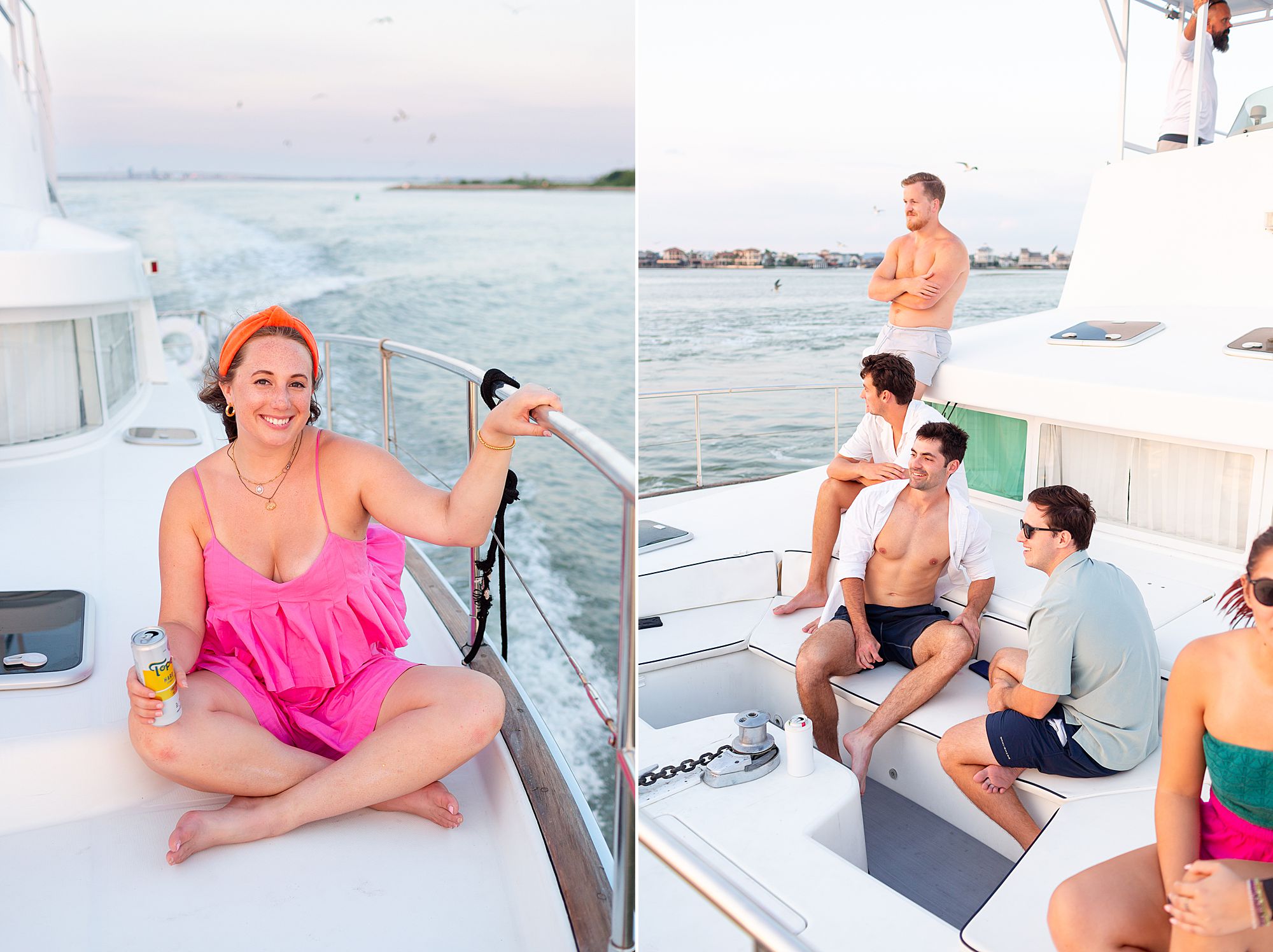 Brooke from Aesthetically Galveston sitting on the lower deck of a catamaran.