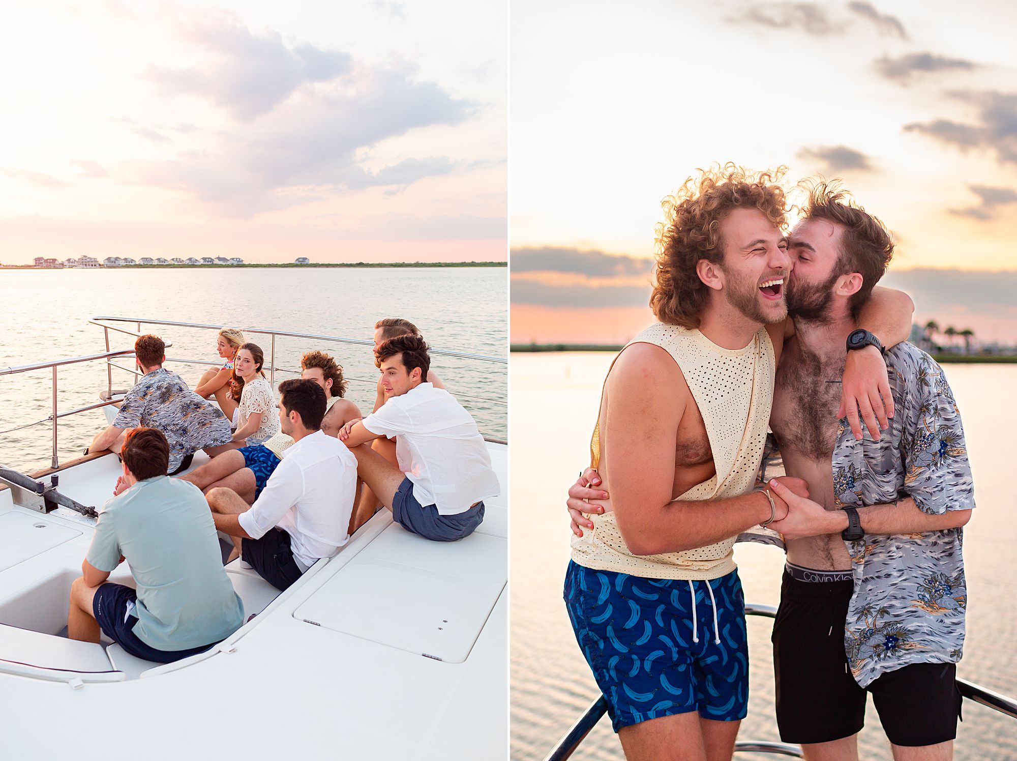 A group of friend watches the sunset from a catamaran; a male couple laughs and kisses on a yacht cruise in Galveston.