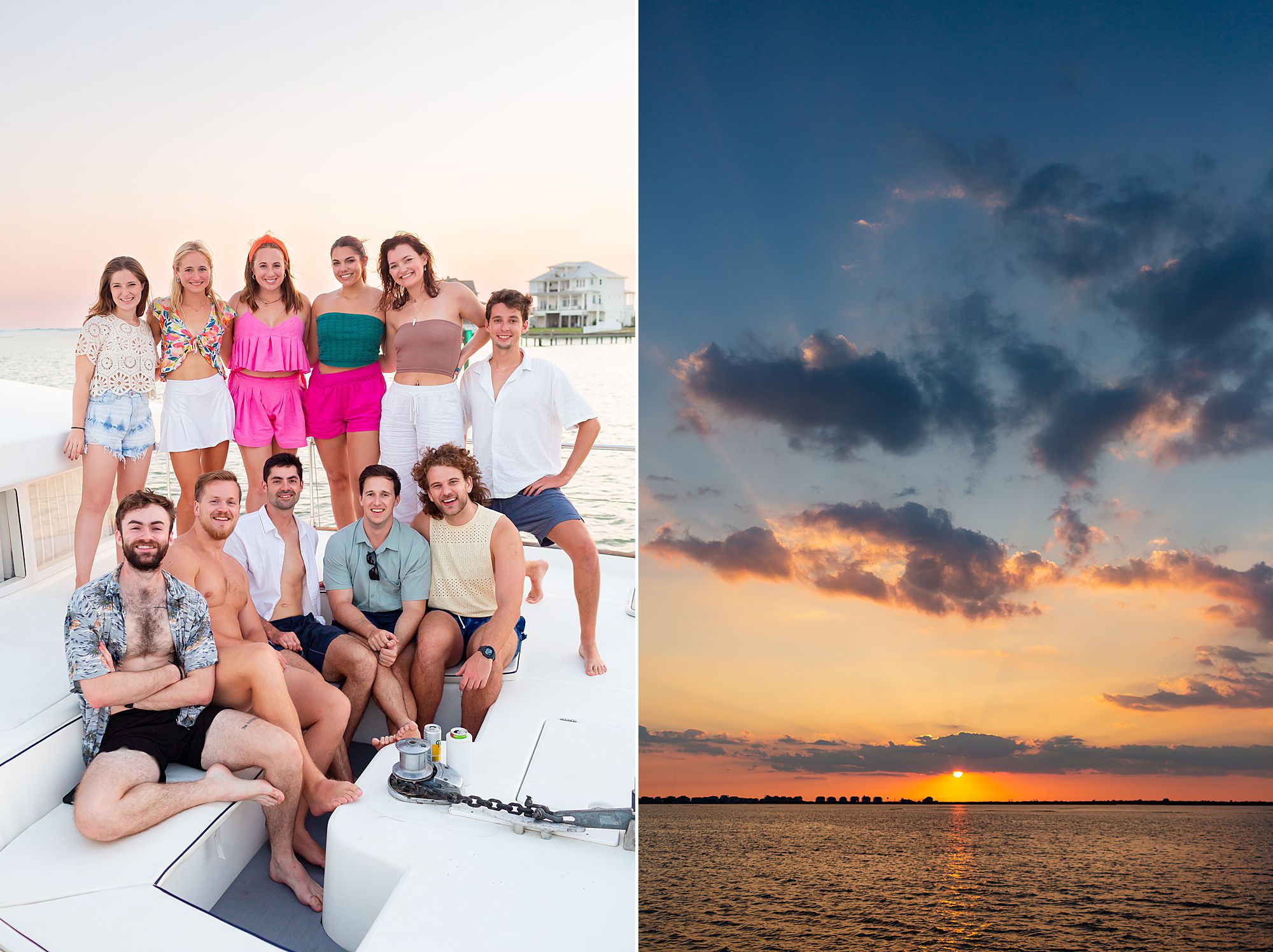 A group of friends enjoys sunset together at a Galveston yacht birthday party; sunset over Galveston Island West Bay.