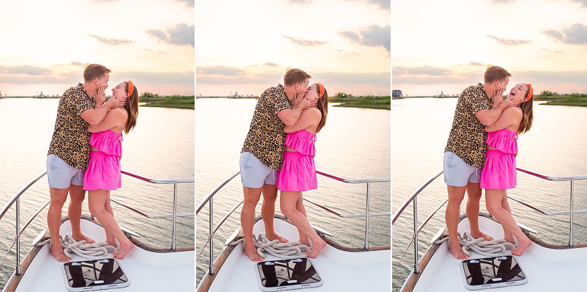 A husband kisses his wife on the back of a catamaran and makes her laugh.