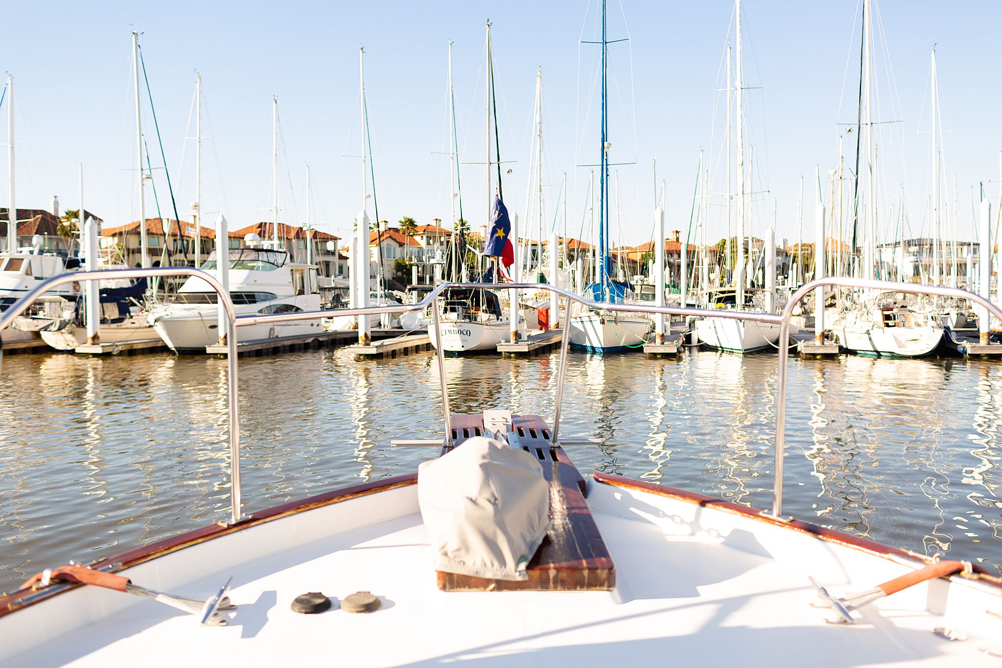 The bow of a power yacht at Waterford Harbor Marina in Kemah, Texas.