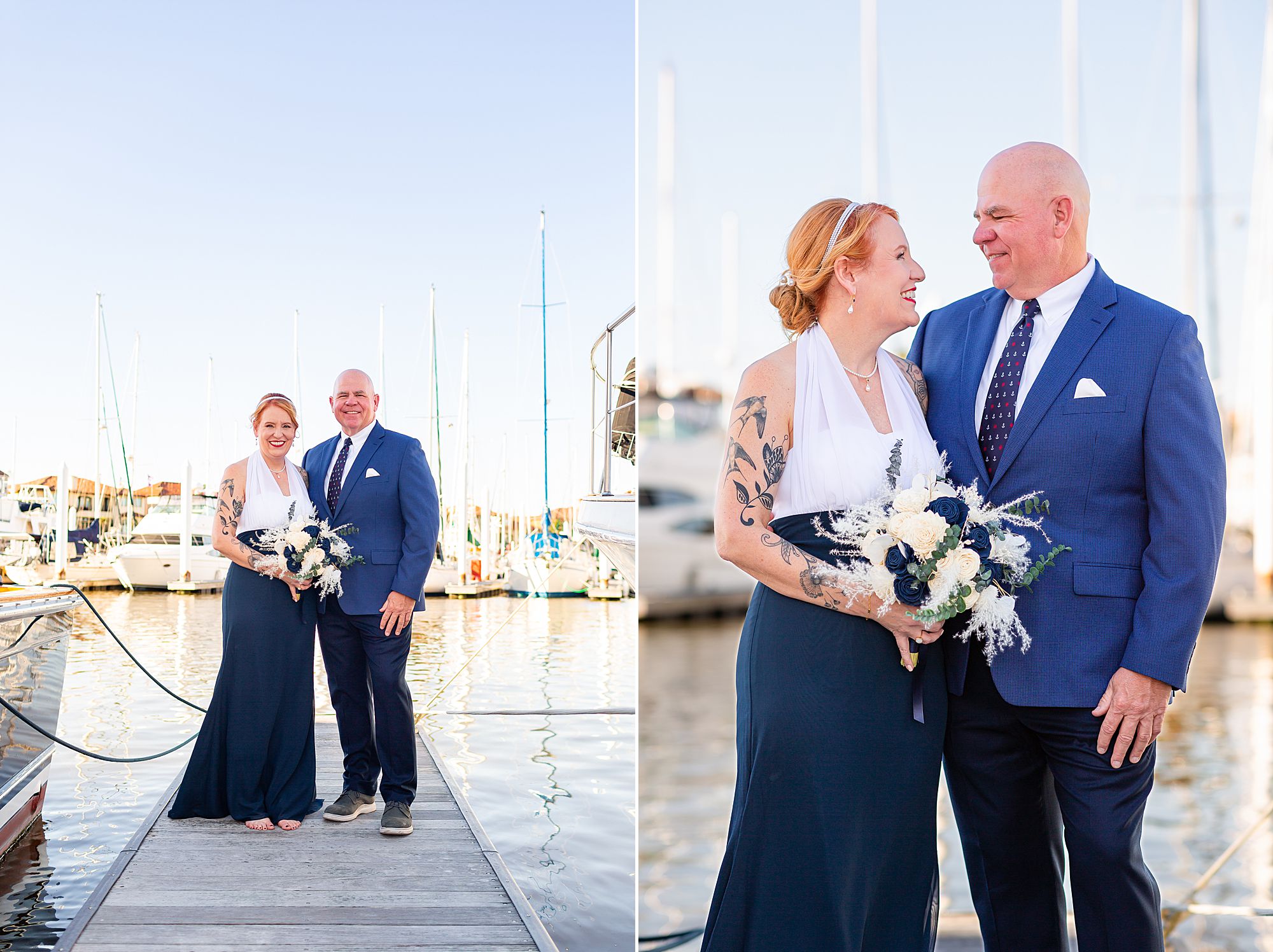 A bride and groom stand on a dock in Kemah, Texas.