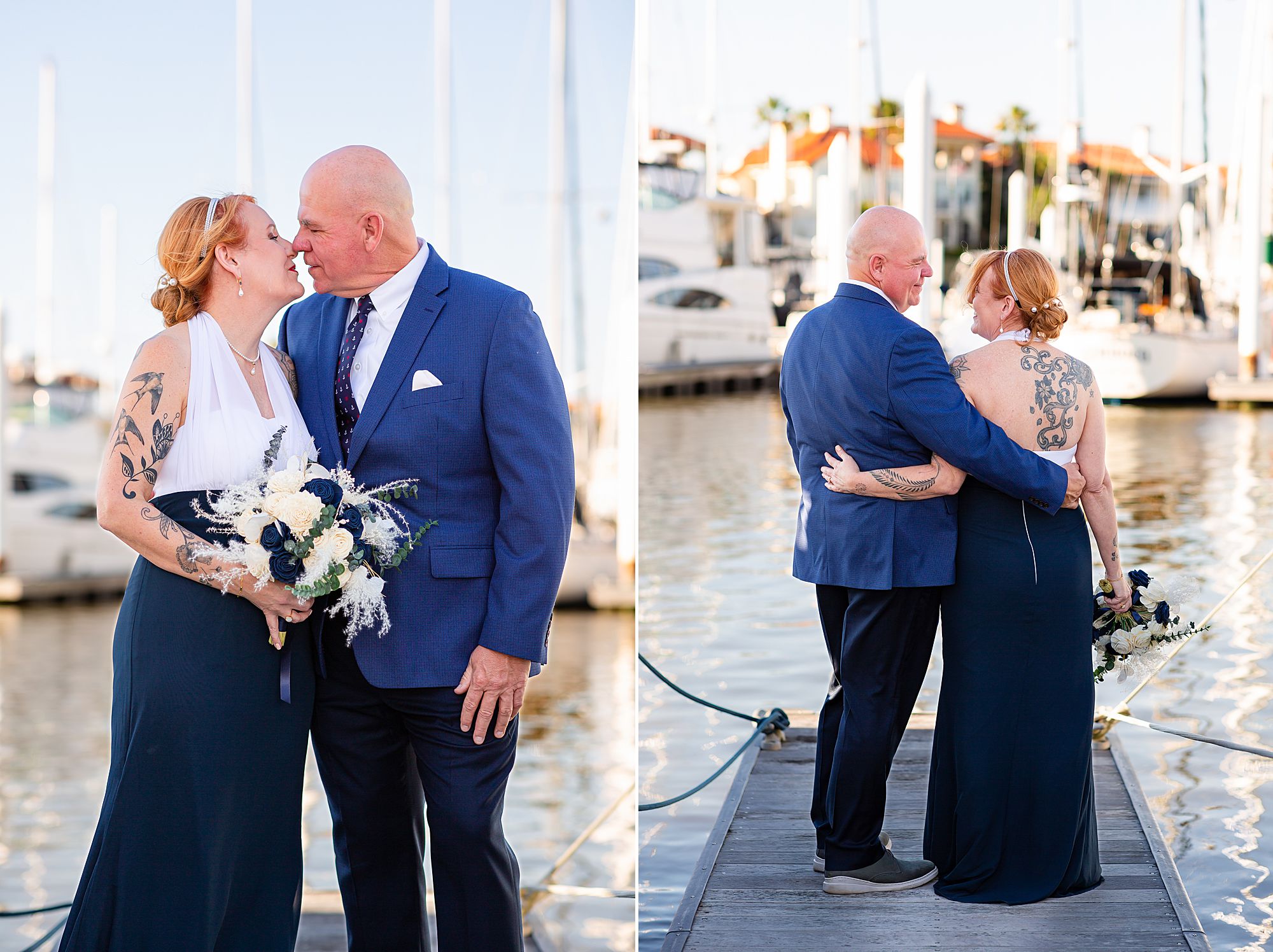 A bride and groom kiss each other on a dock at their Kemah yacht elopement.