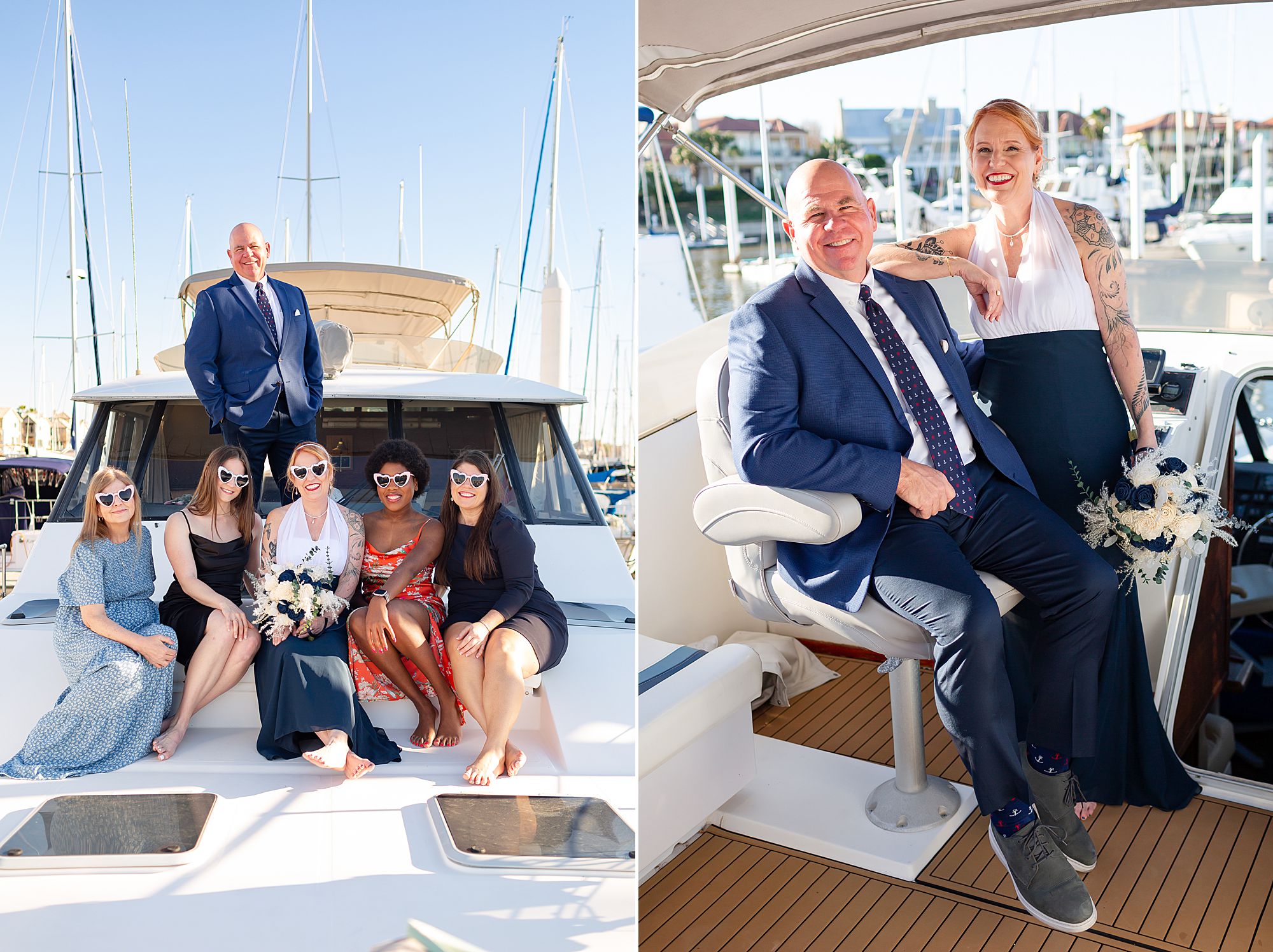 A double photo where a bride and groom pose with their elopement guests on a yacht, and a bride and groom posing on the fly bridge of a yacht.