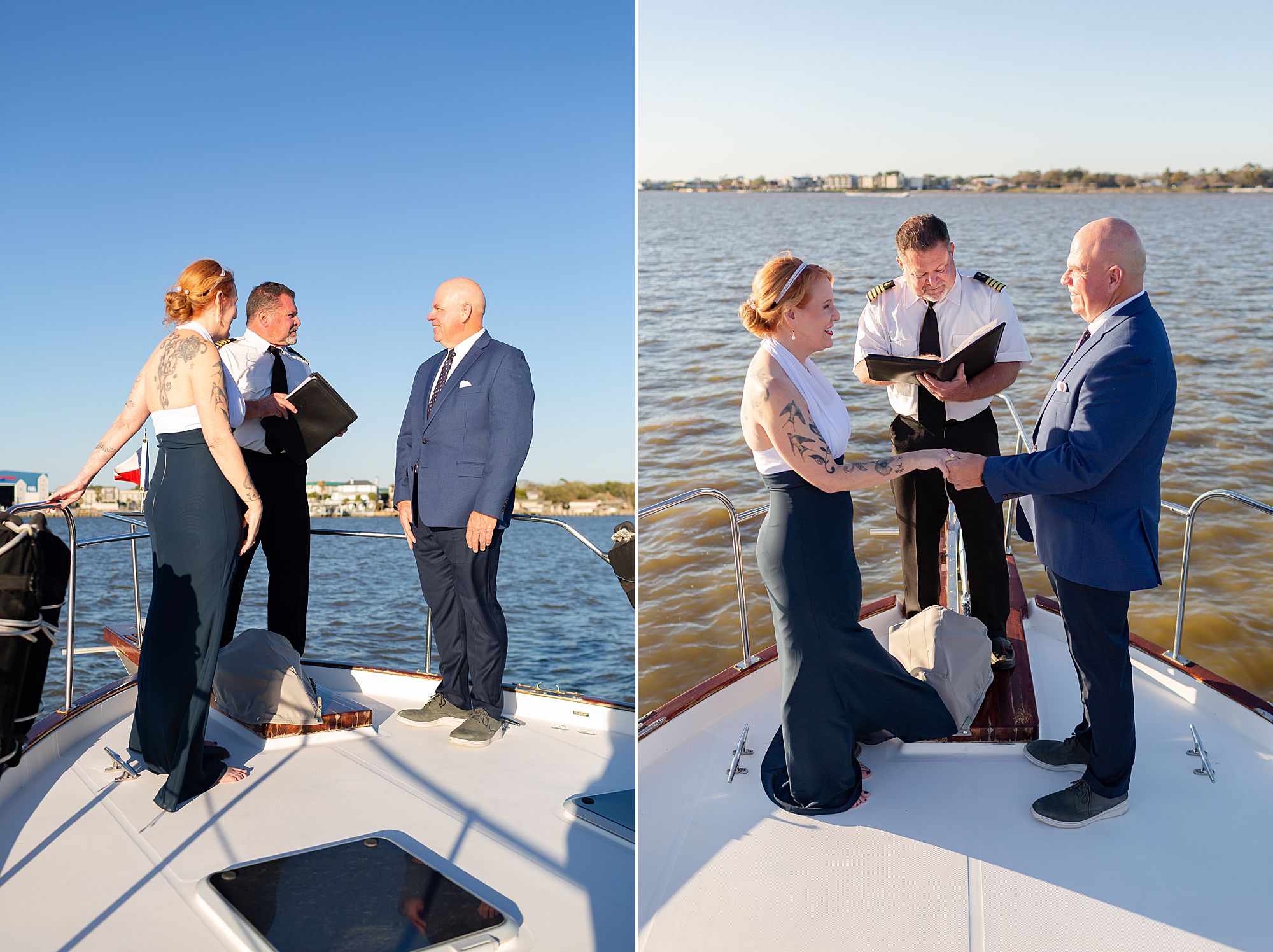 A bride and groom stand on the bow of a yacht while the captain conducts the ceremony at their Kemah yacht elopement on Clear Lake.