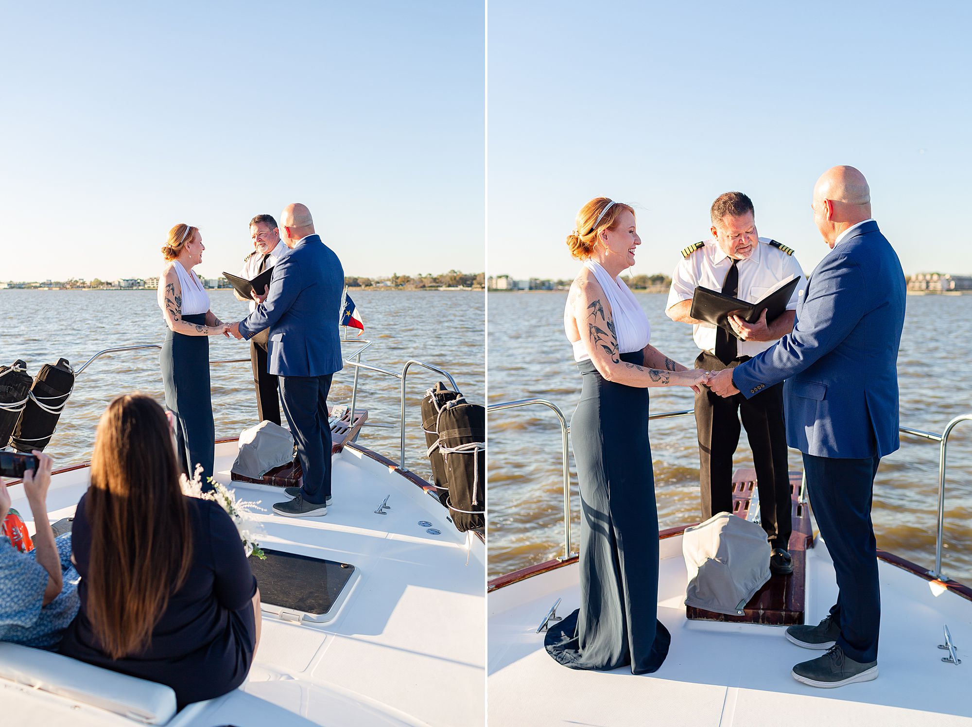 A bride and groom say their vows on the bow of a yacht during sunset at their Kemah yacht elopement.