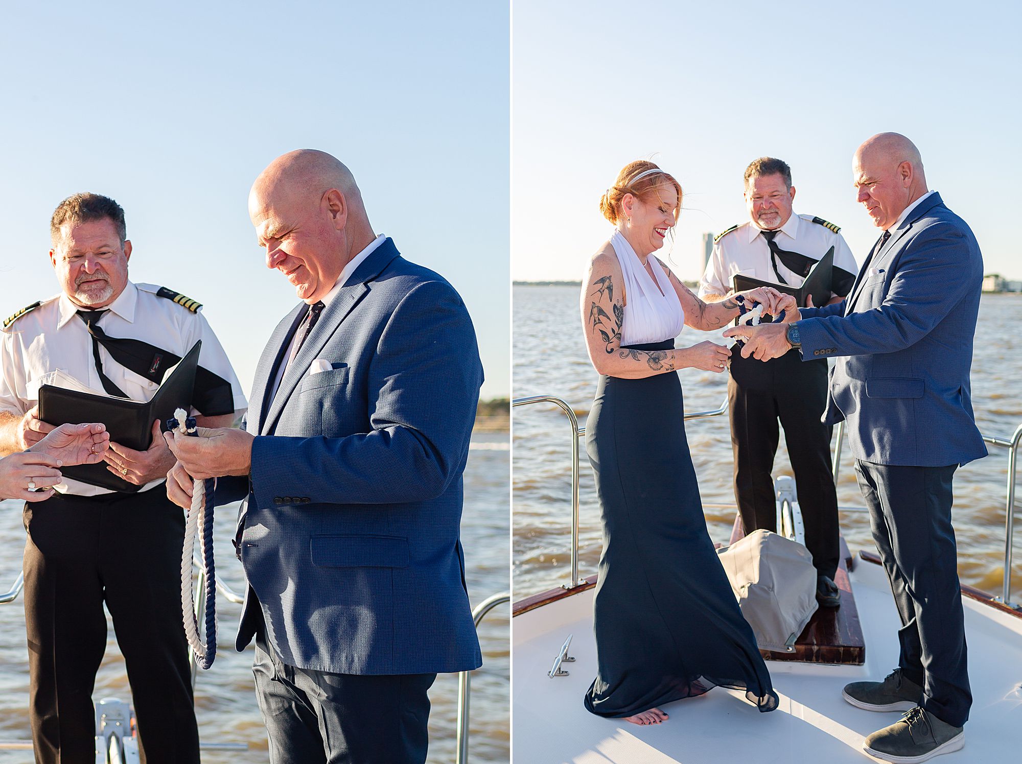 A bride and groom participate in the tradition of tying the knot with a white and blue rope at their Kemah yacht elopement in Texas.