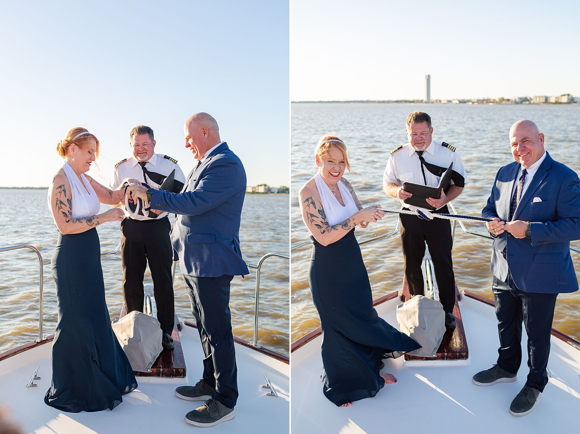 A bride and groom "tie the knot" with a white and blue rope on the bow of a yacht in Kemah, Texas.