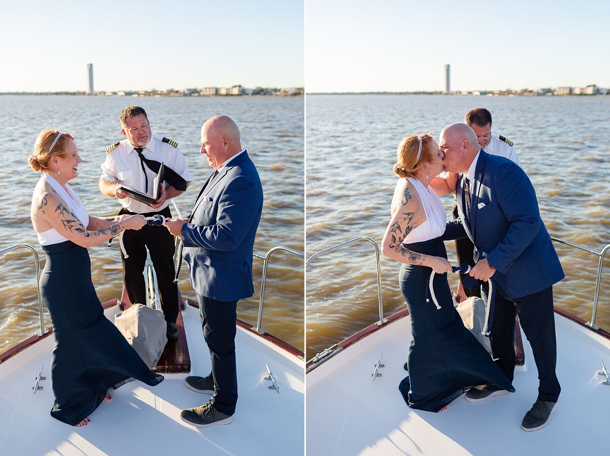 A bride and groom standing on the bow of a boat lean in to kiss at their Kemah yacht elopement.