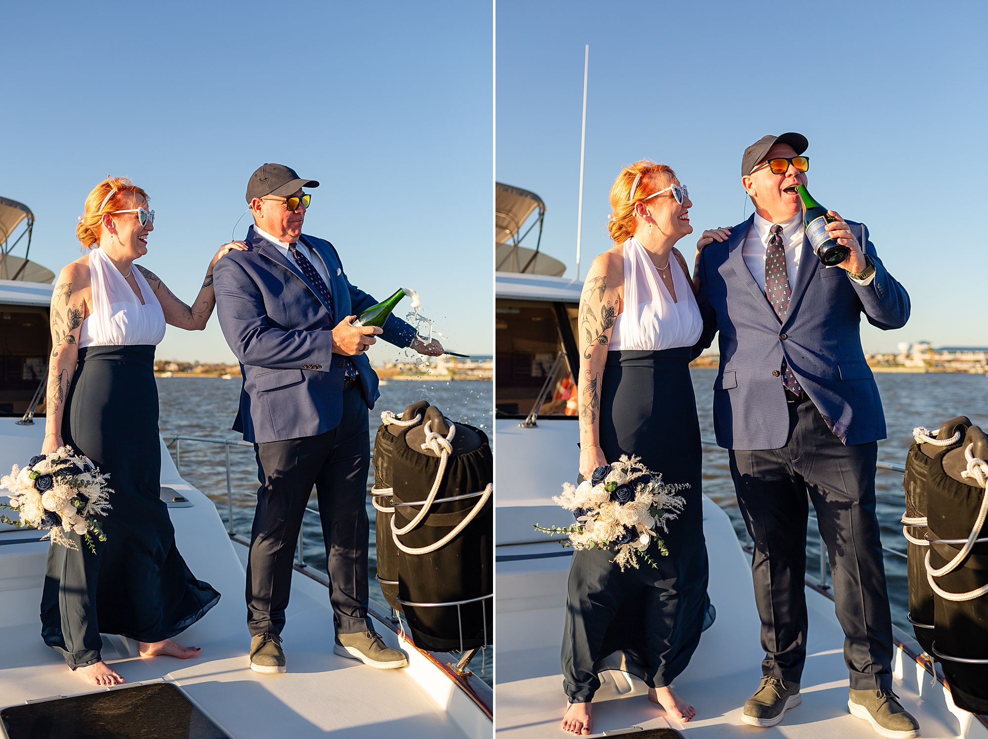 A bride laughs while her groom pops a bottle of champagne open at their Kemah yacht elopement.