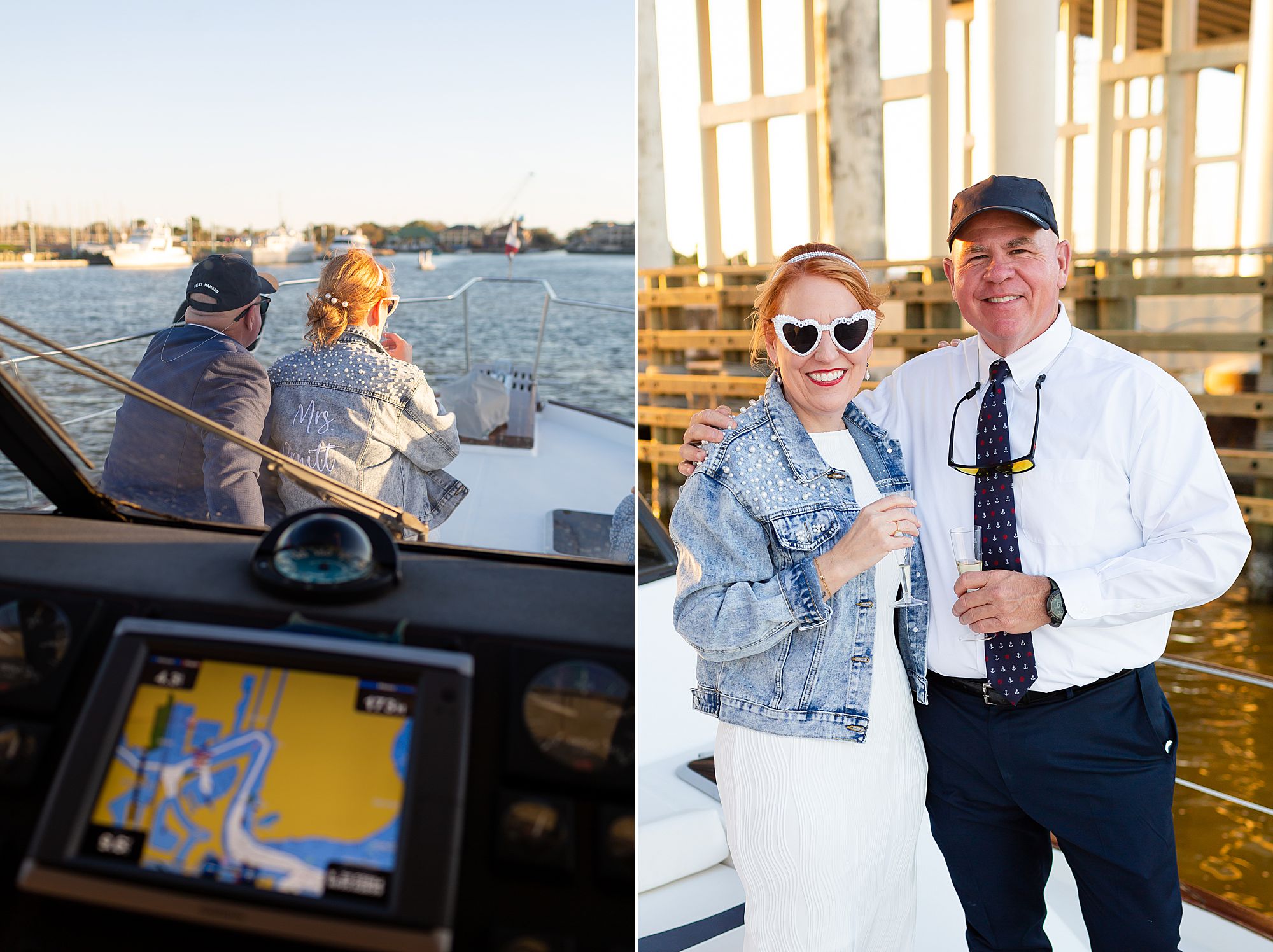 A bride and groom drink champagne during a sunset yacht cruise on Clear Lake in Kemah, Texas.