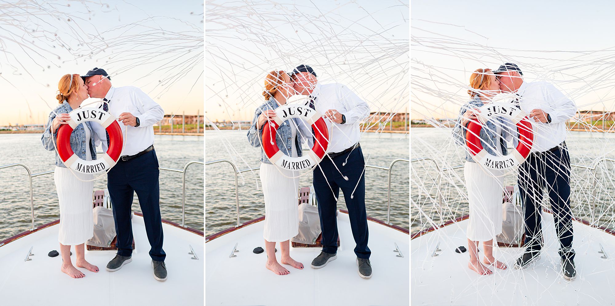 A bride and groom holding a red and white life ring that says just married, kiss while guests discharge streamer poppers at their Kemah yacht elopement.