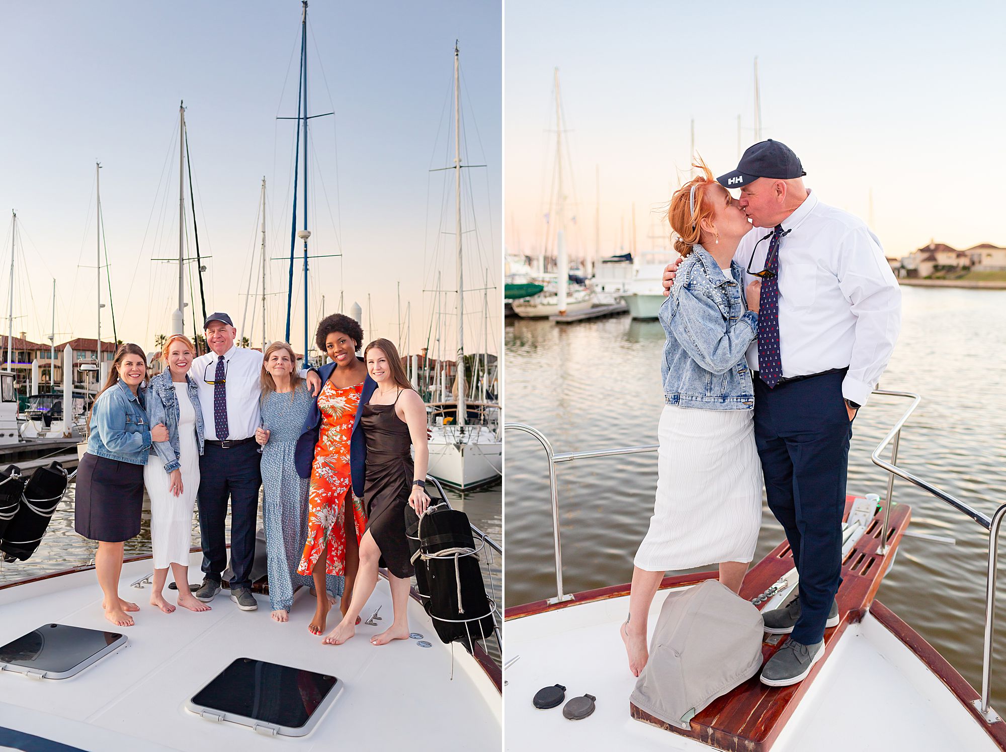 A bride and groom pose with guests on the bow of a boat during sunset at their Kemah yacht elopement.