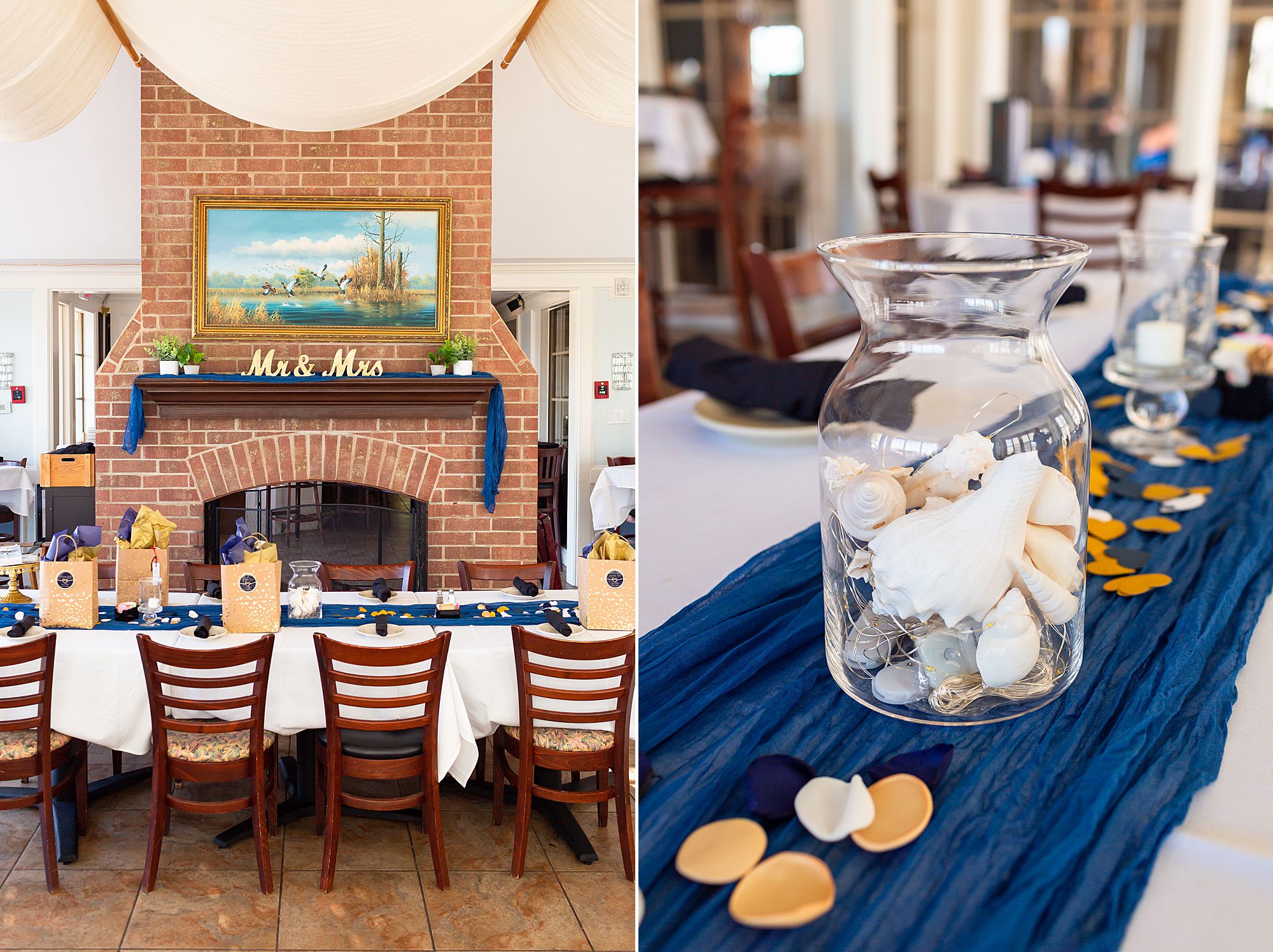 A table at Sundance Grill II in Kemah, Texas decorated for an elopement dinner with a white table cloth, navy blue table runner, and vase filled with shells and twinkle lights.