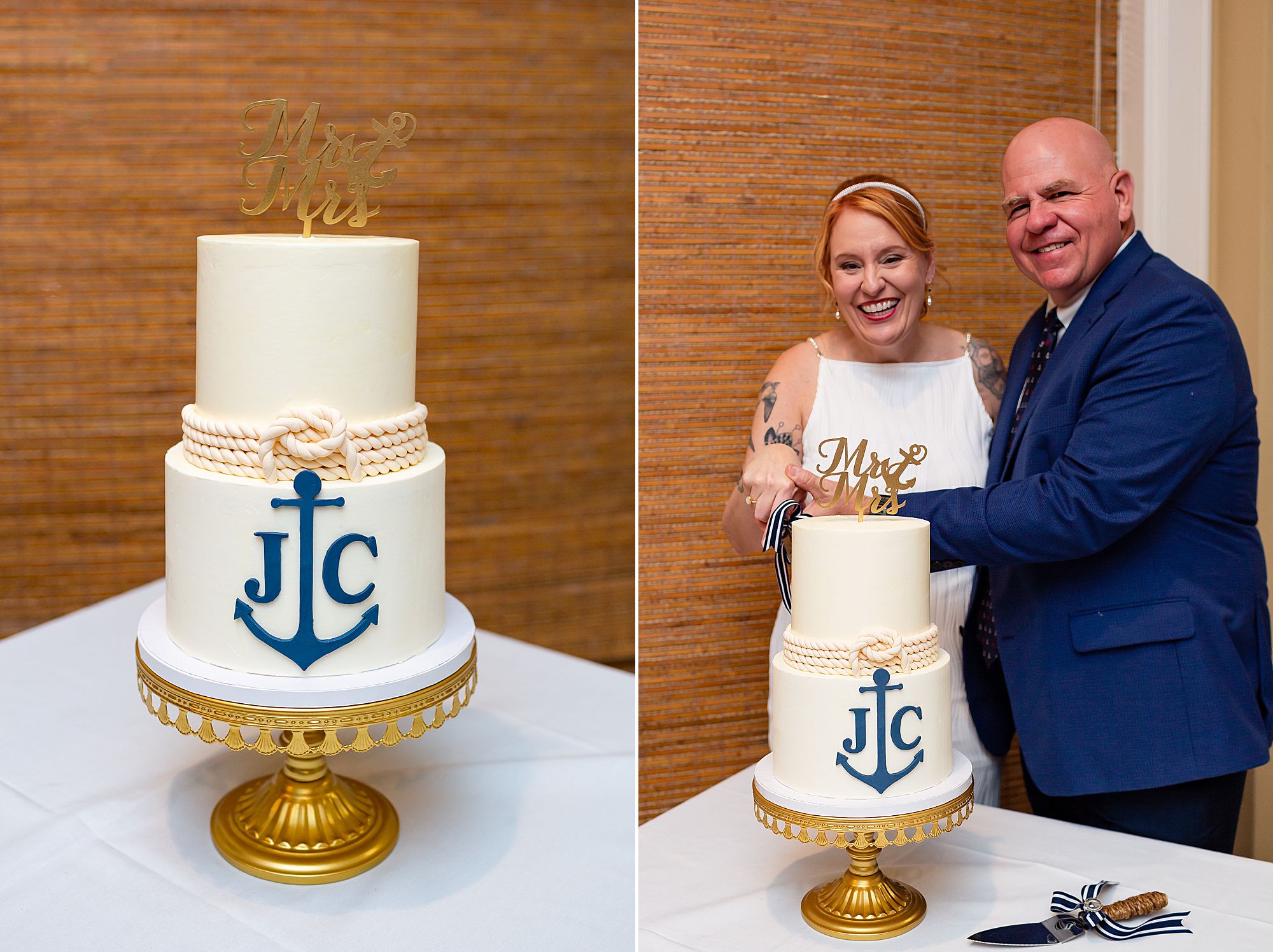 A bride and groom cut a round two tier cake with white fondant and an anchor at their elopement in Kemah, Texas.