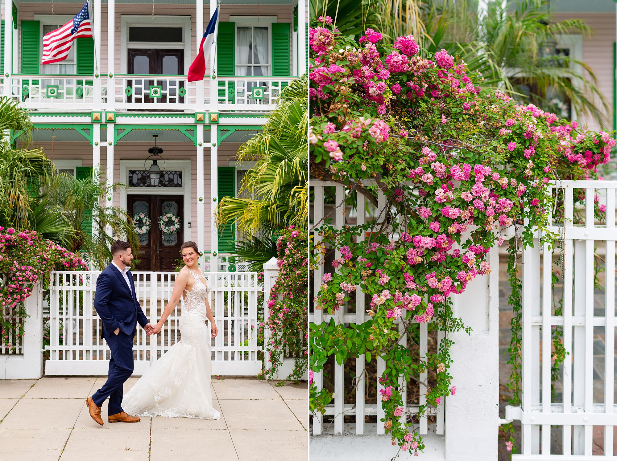 A bride and groom walk in front of a pink and green historic home in the east end historic district with flowers spilling over the white picket fence.
