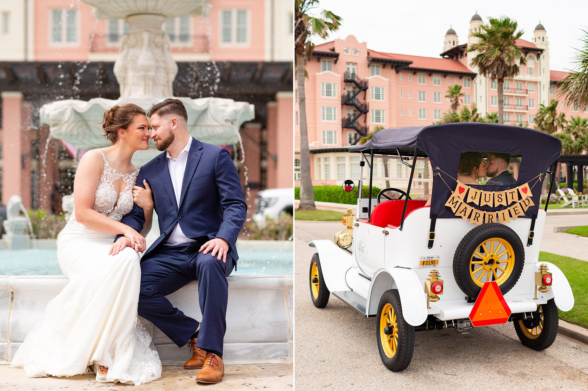 A bride and groom sit in front of a marble fountain. A bride and groom kiss in a Model T style golf cart with the pink Grand Galvez hotel behind them.