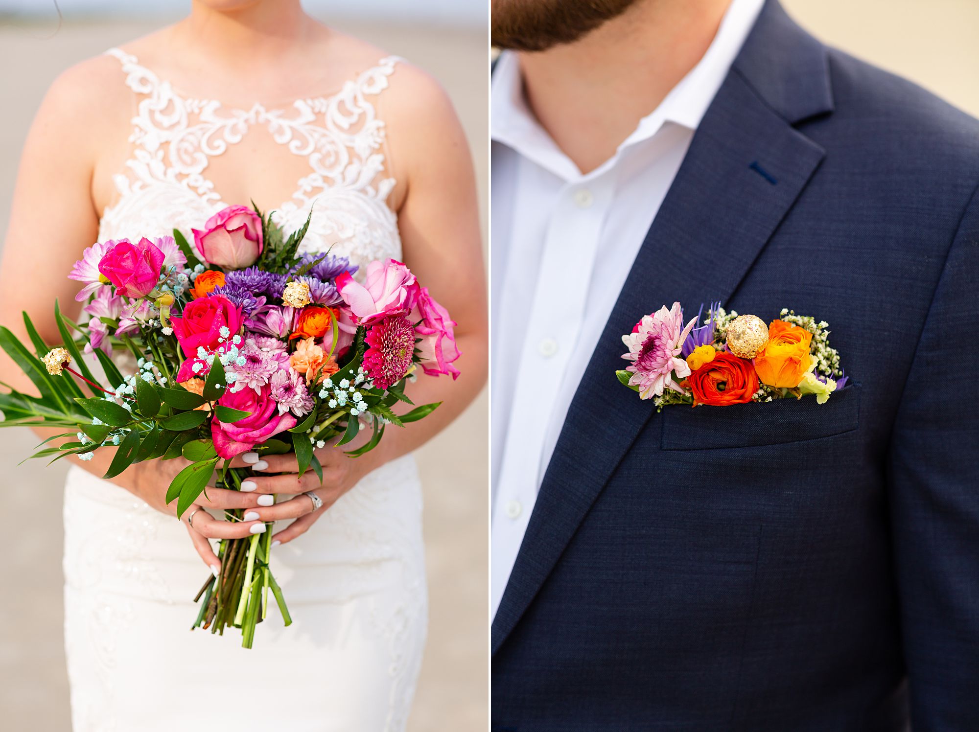 A bride holds a pink, purple, and orange bouquet. A groom wears a pink, purple, and orange pocket boutonniere.