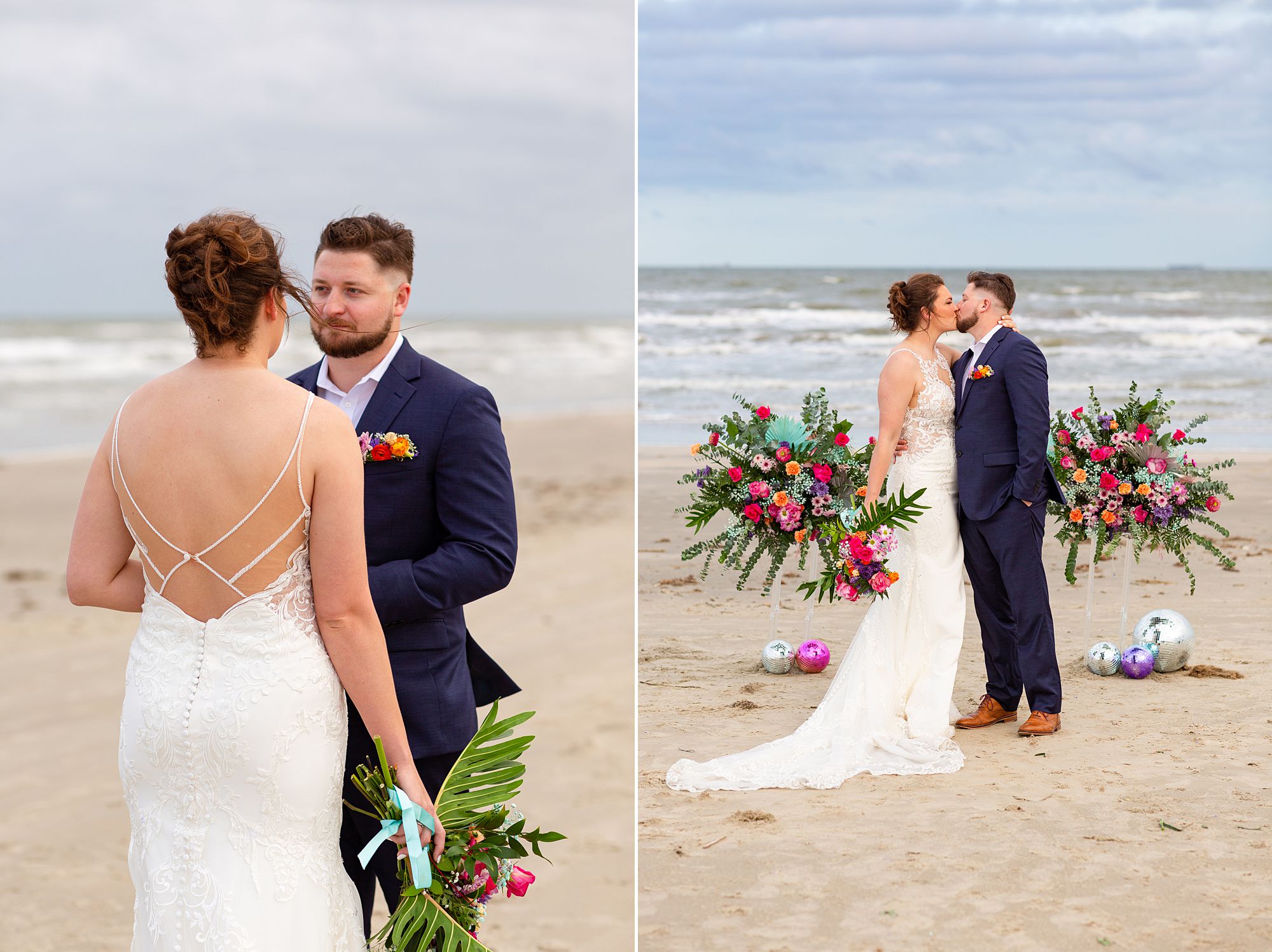 A bride and groom kiss on the beach in front of a pink, purple, and turquoise floral display with disco balls during a vow renewal ceremony at their elopement style anniversary.