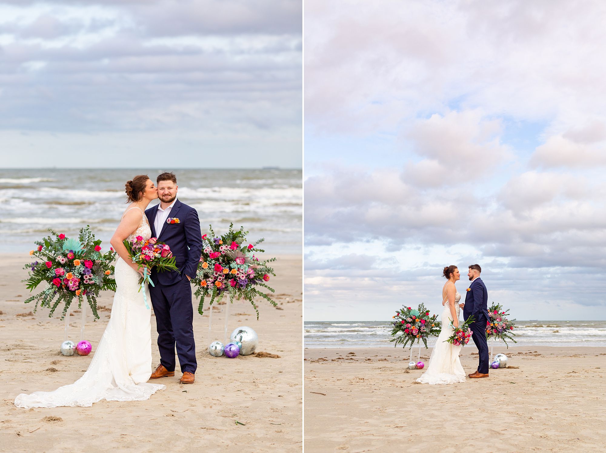 A bride and groom stand on a Galveston beach in front of a floral display during a vow renewal ceremony.