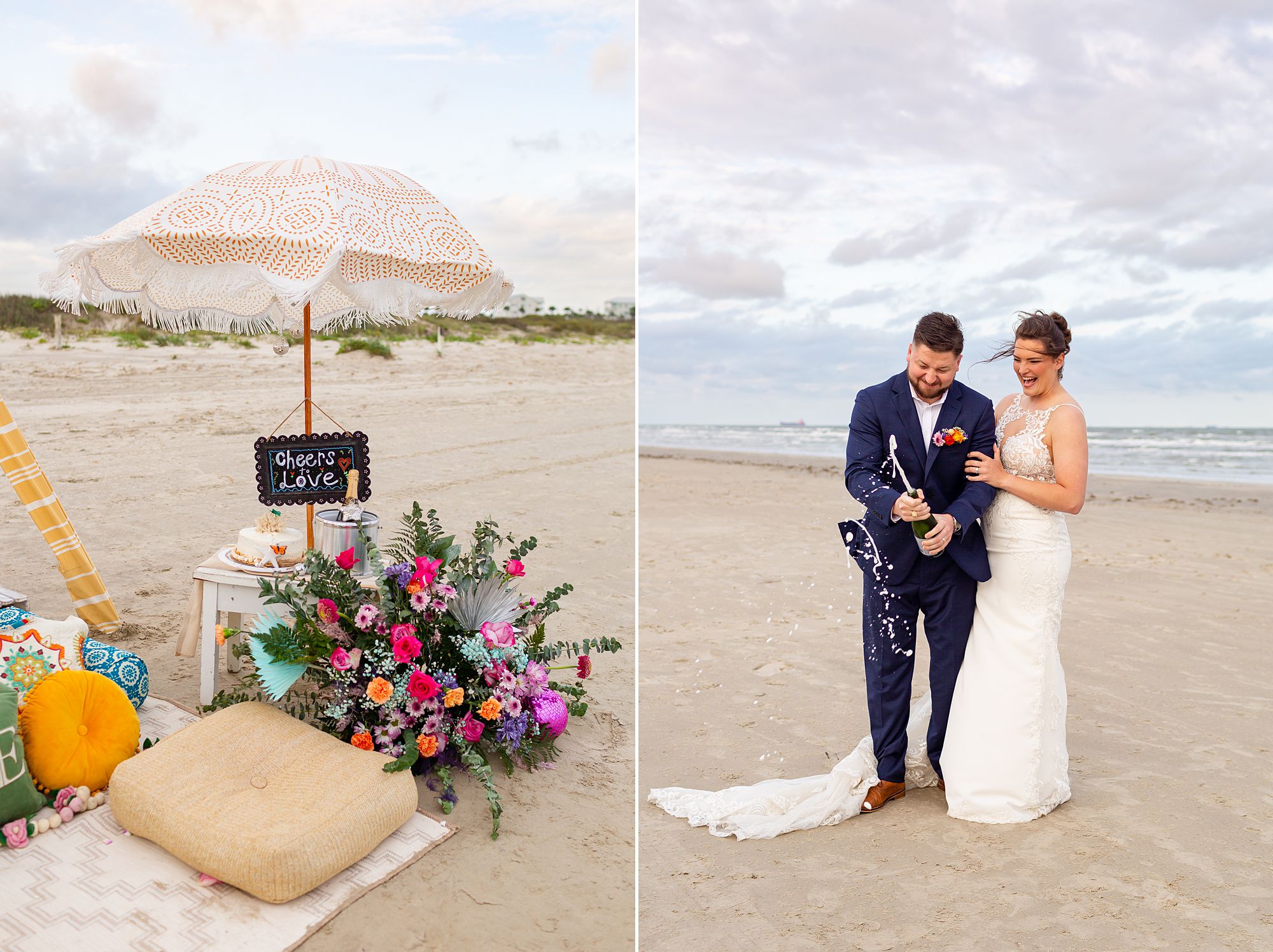 A bride and groom pop a champagne bottle on the beach at their elopement style anniversary celebration on Galveston Island.