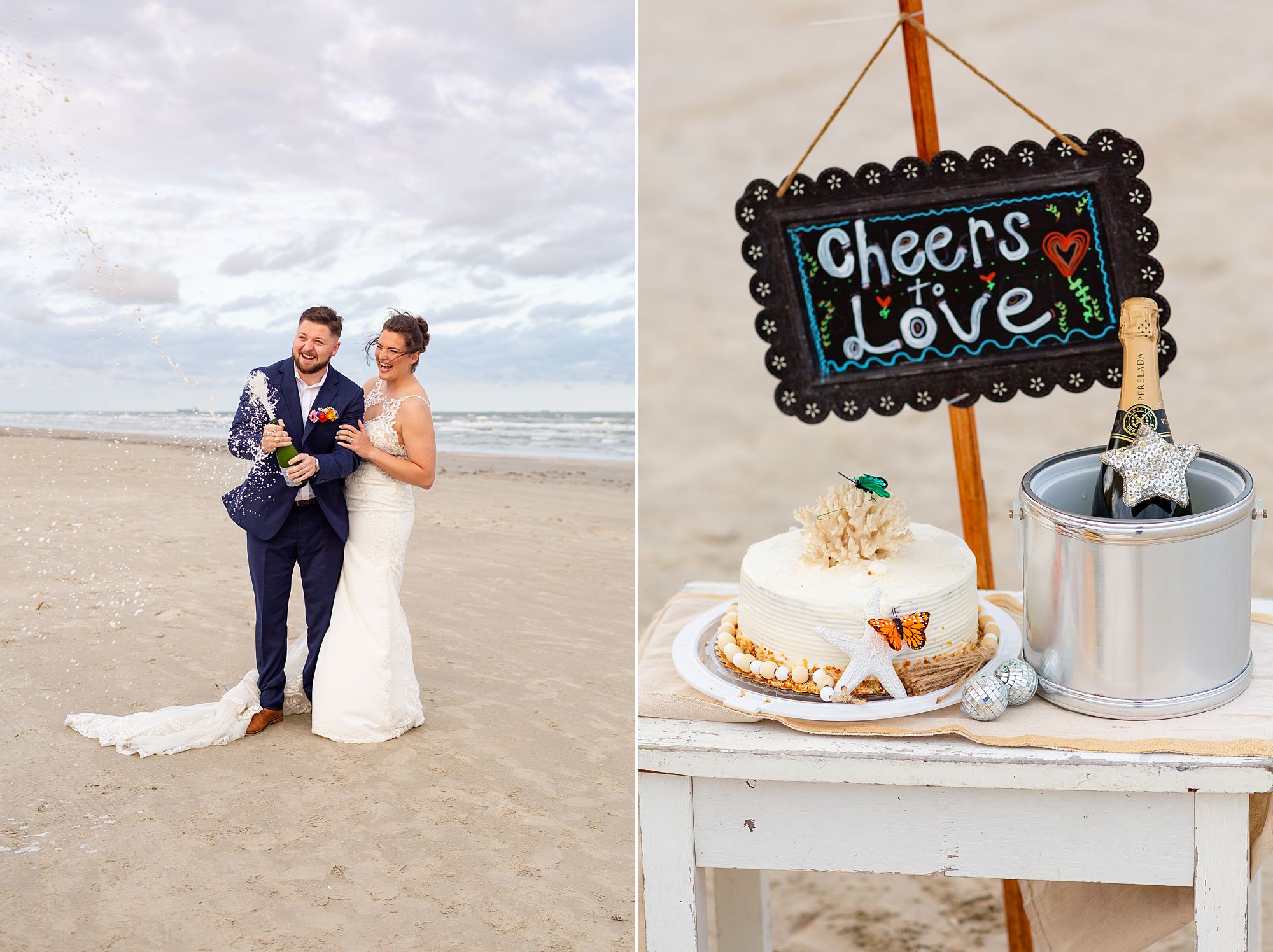A bride and groom pop spray champagne on the beach at their elopement style anniversary celebration on Galveston Island.