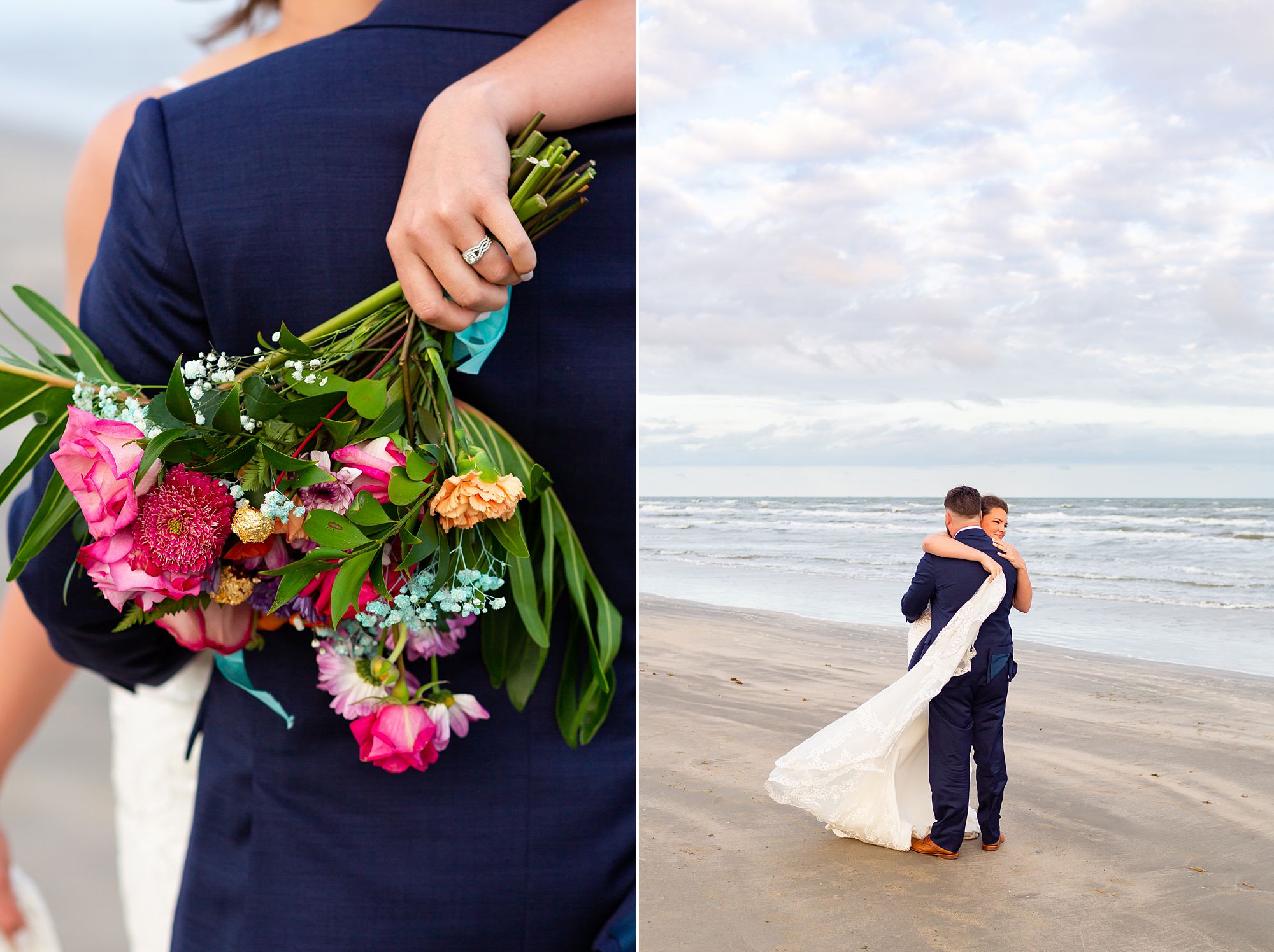 A bride and groom embrace on a Galveston beach during sunset.