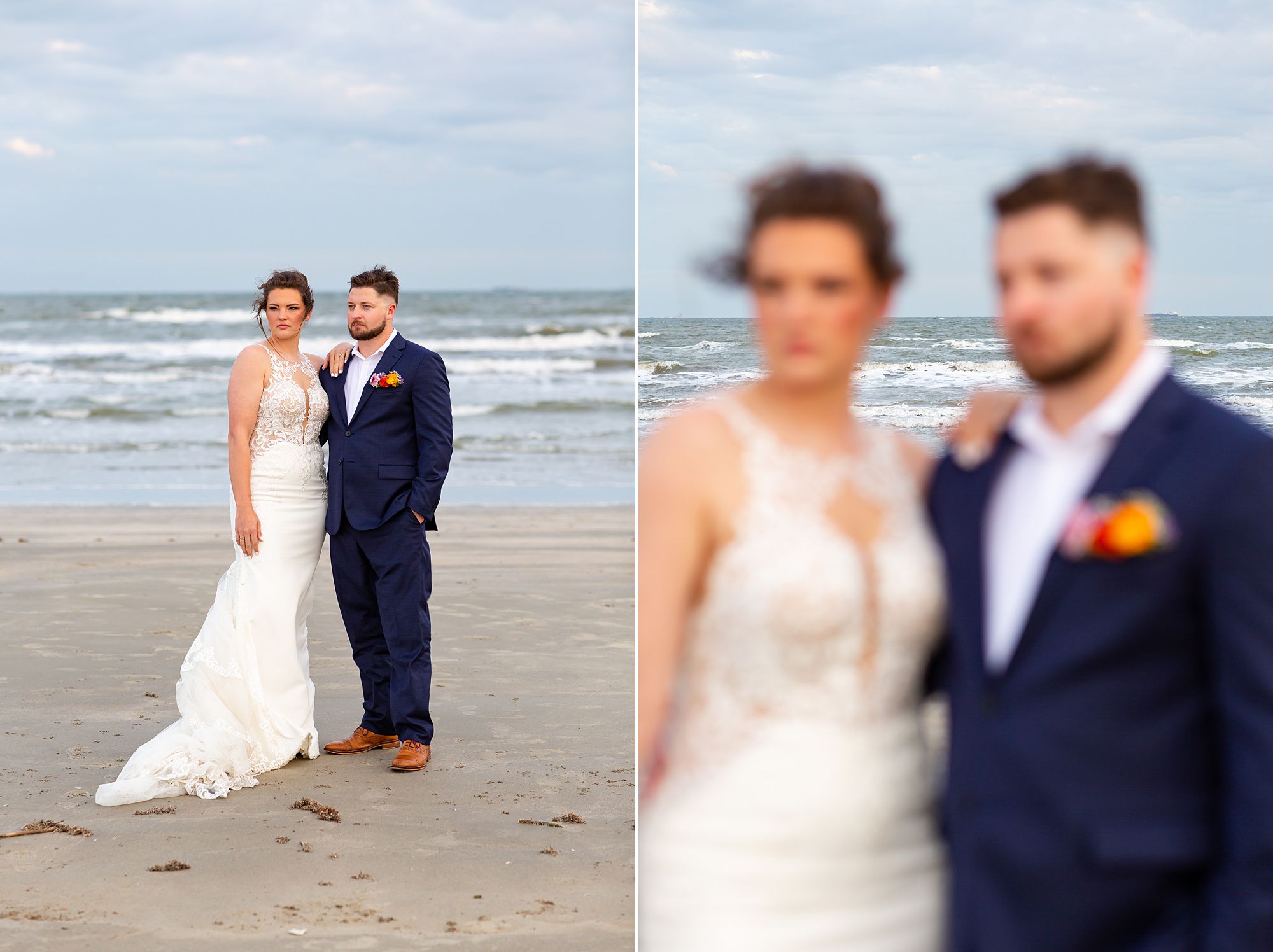 A bride and groom stand on a Galveston beach during sunset as the waves crash behind them.