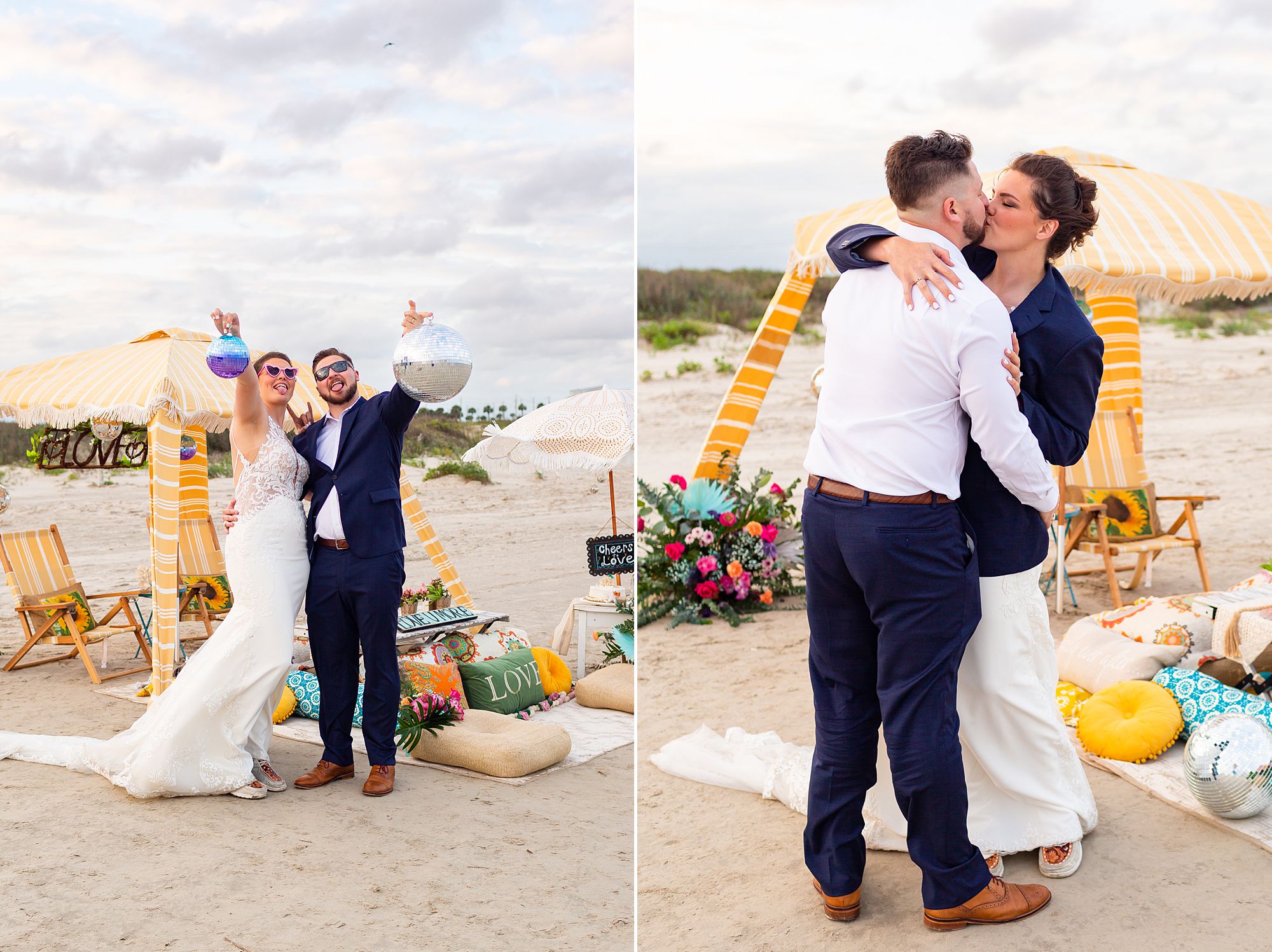 A bride and groom stand in front of a luxury sunset beach picnic wearing sunglasses and holding up disco balls at their elopement style anniversary in Galveston.