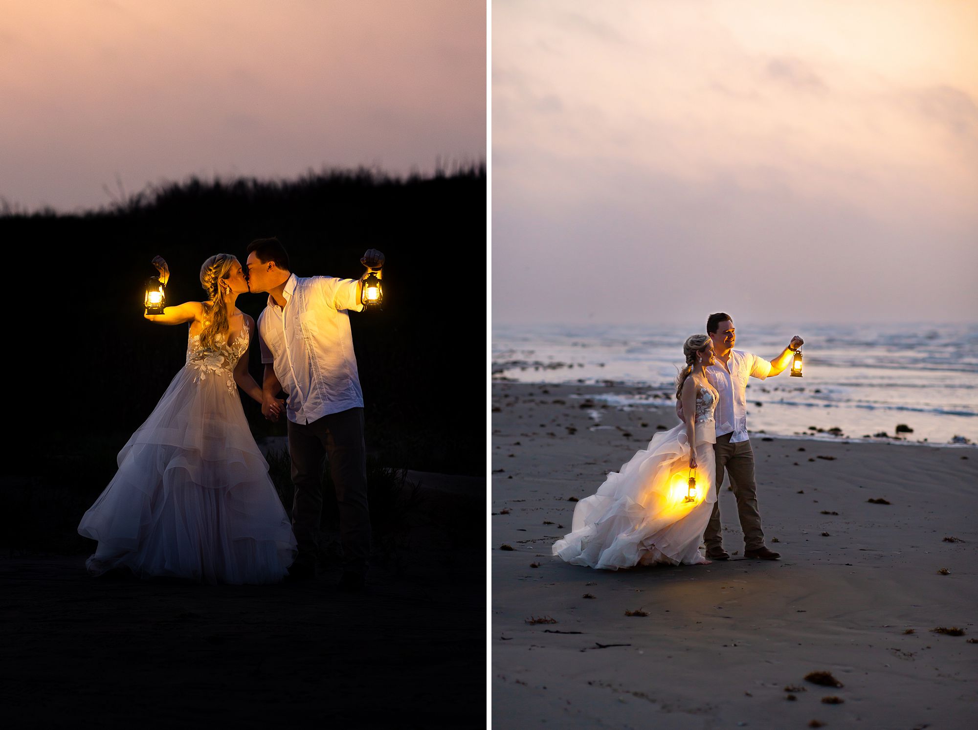 A bride and groom holding lanterns stand near a sand dune during blue hour at their sunrise Galveston beach elopement.