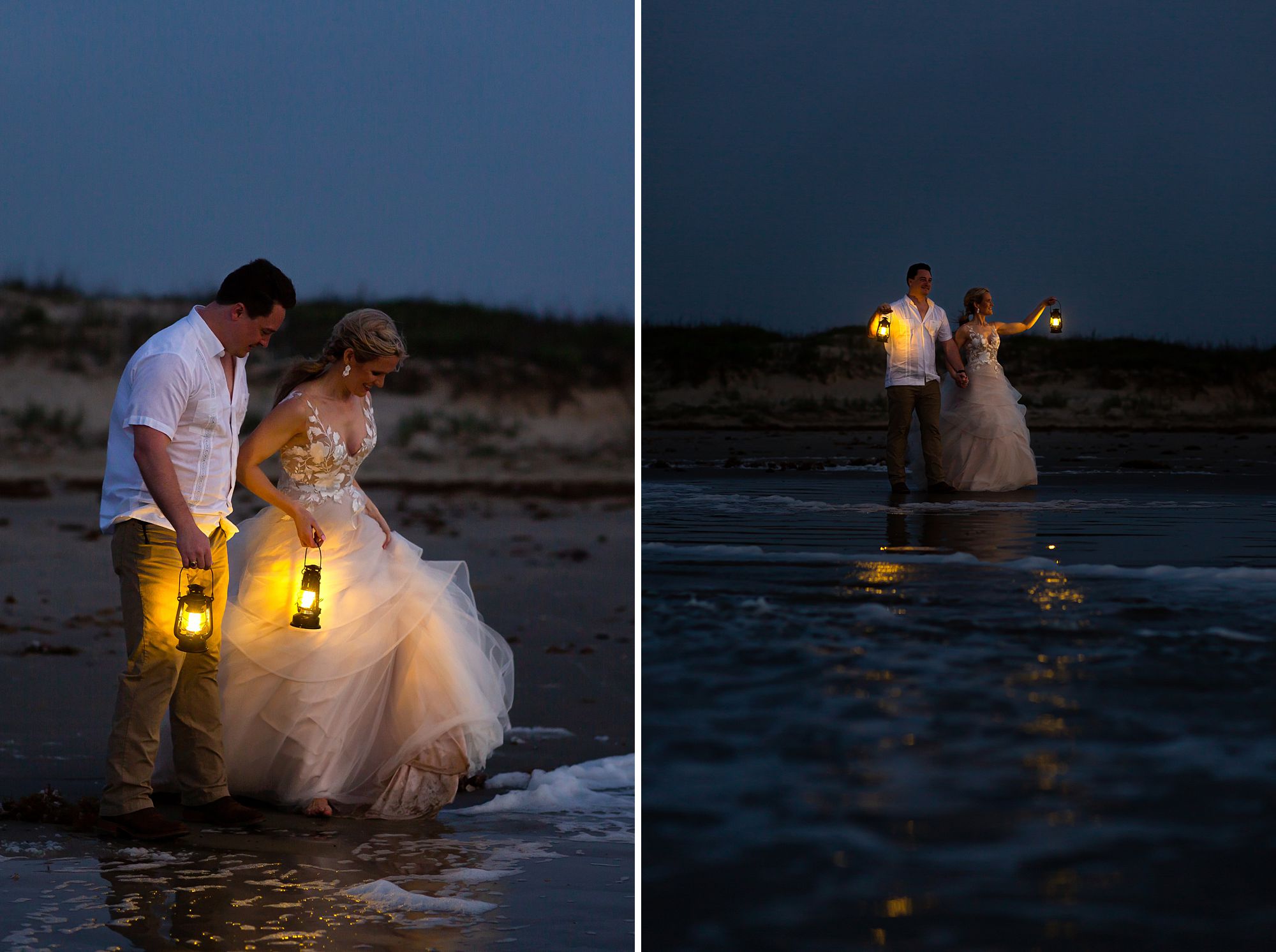 A bride and groom holding glowing lanterns walk along the water during blue hour at their sunrise Galveston beach elopement.
