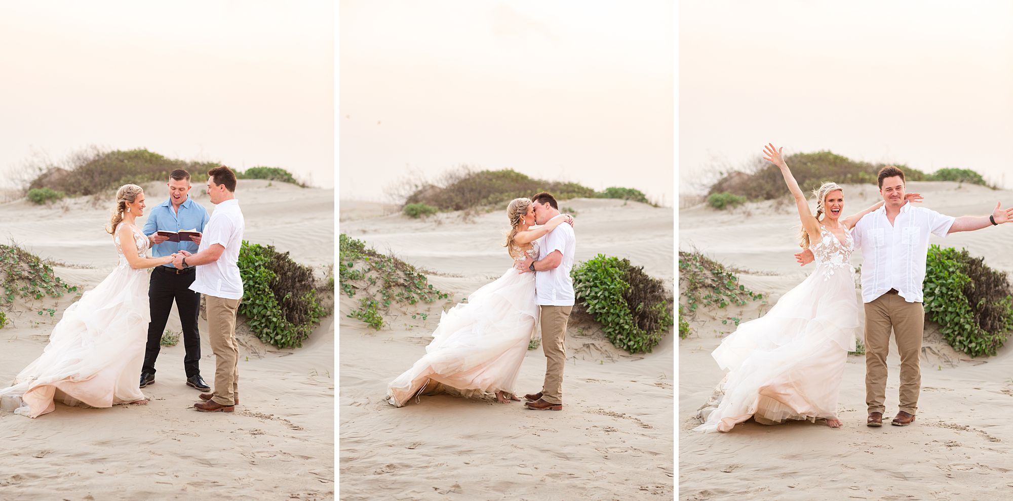 A bride and groom hold hands and cheer at their sunrise Galveston beach elopement ceremony.