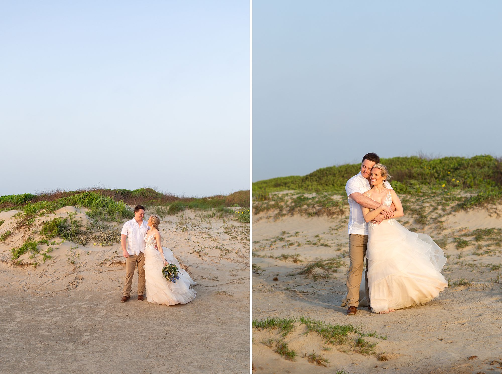 A bride and groom hold each other in front of a sand dune during sunrise golden hour on Galveston beach.