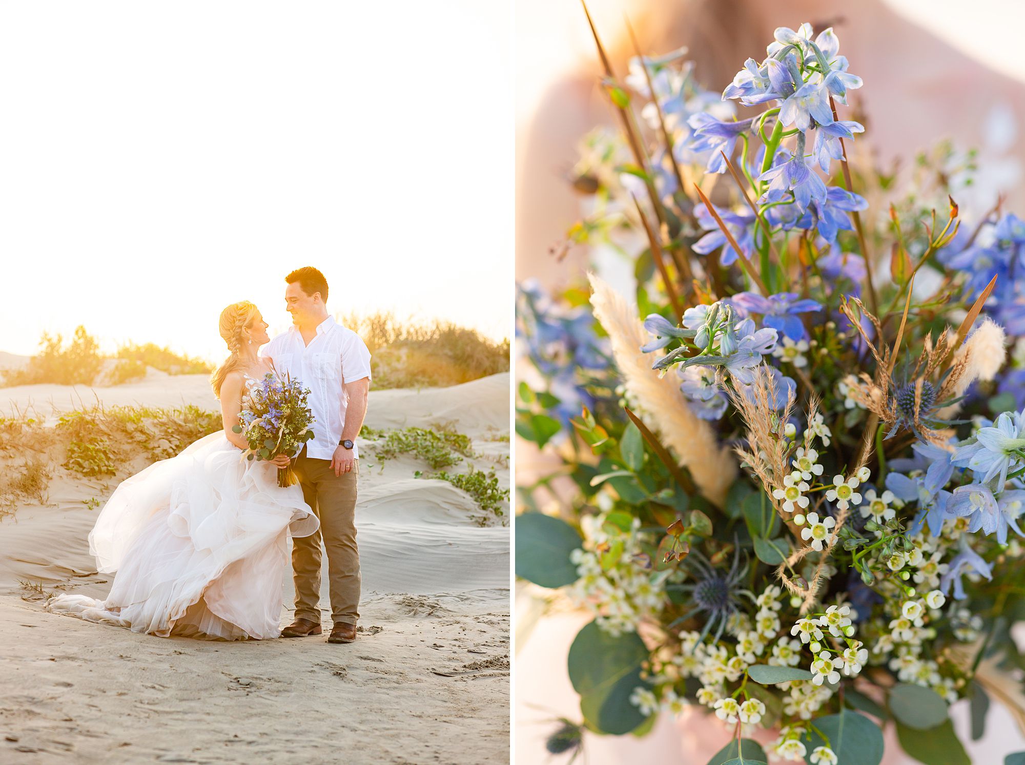 A bride and groom hold each other during their sunrise Galveston beach elopement. A close up of the bride's blue and white bouquet.