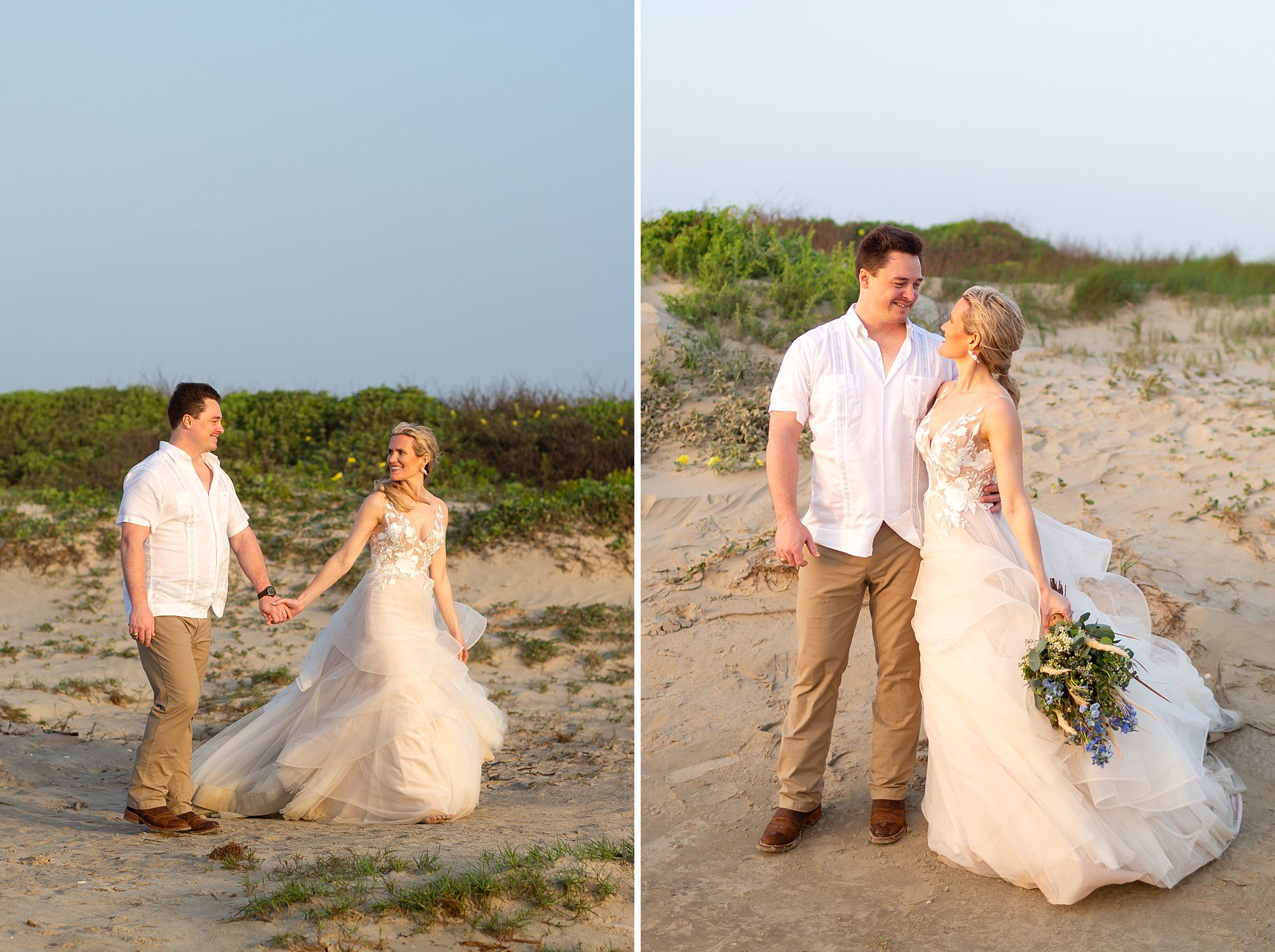 A bride leads her groom along the beach on Galveston Island during their elopement.