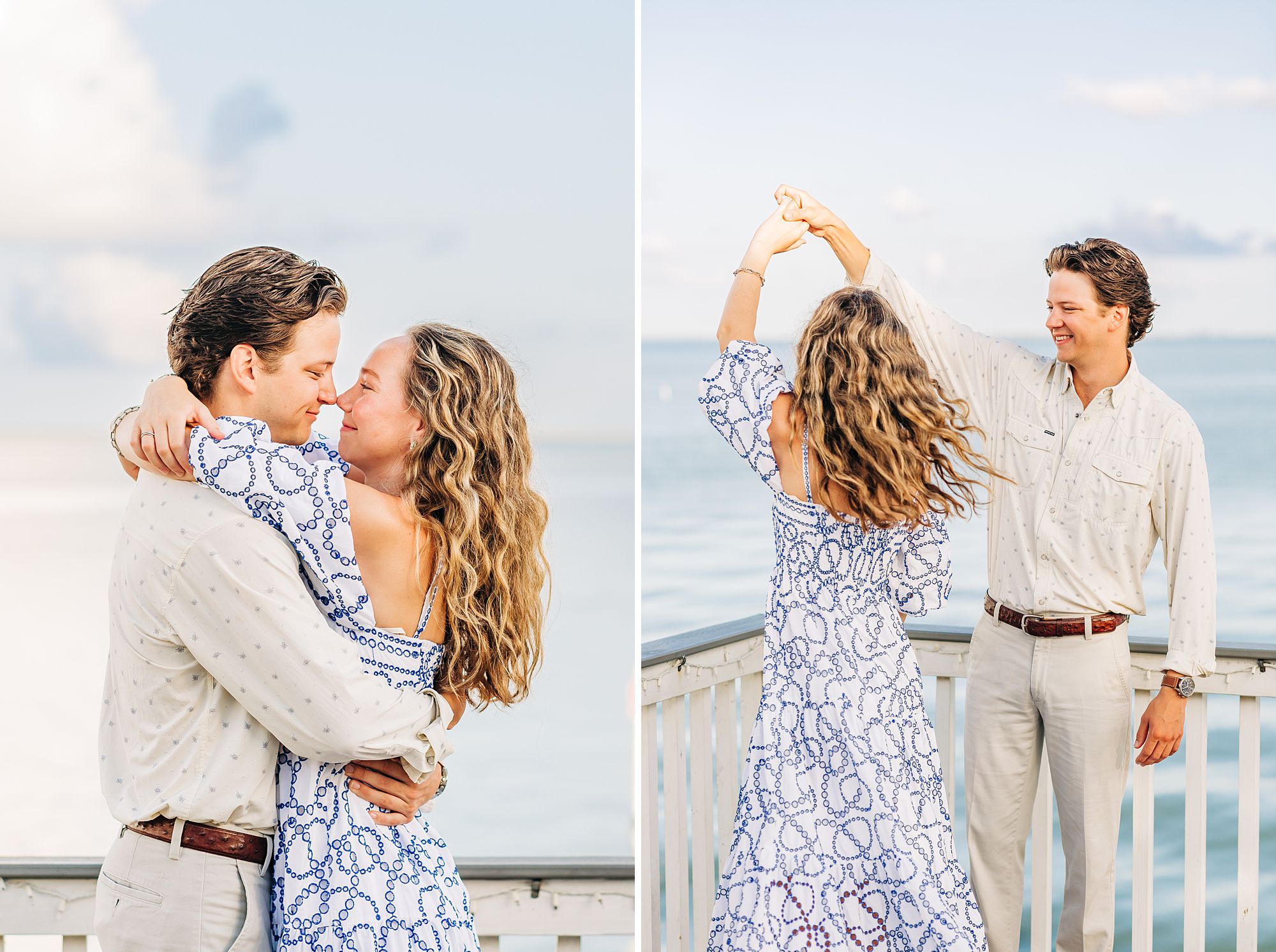 A man and woman embrace and dance on a deck overlooking the Galveston intercoastal after their sunrise proposal.
