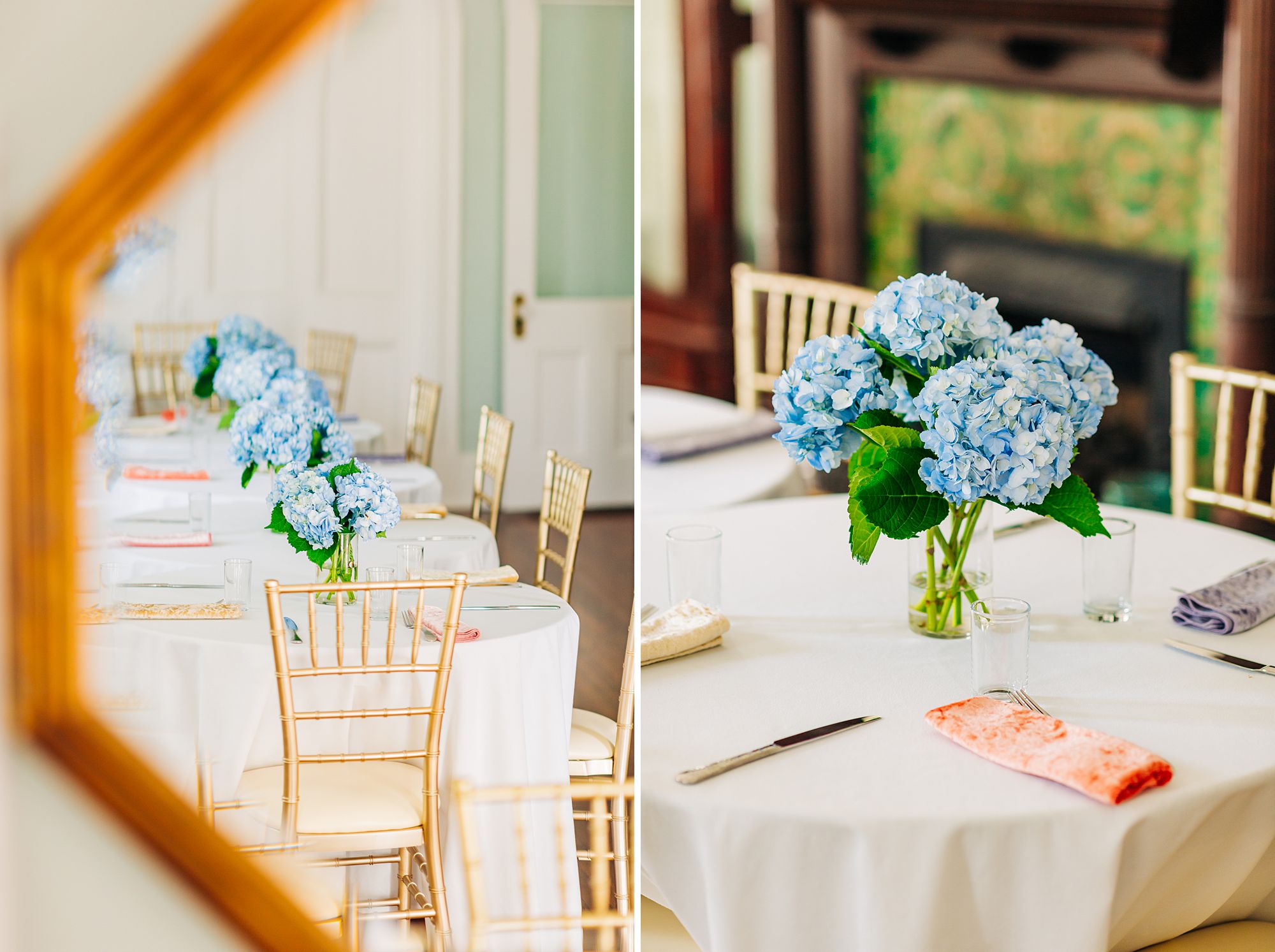 Blue hydrangea centerpieces at a brunch at Carr Mansion.